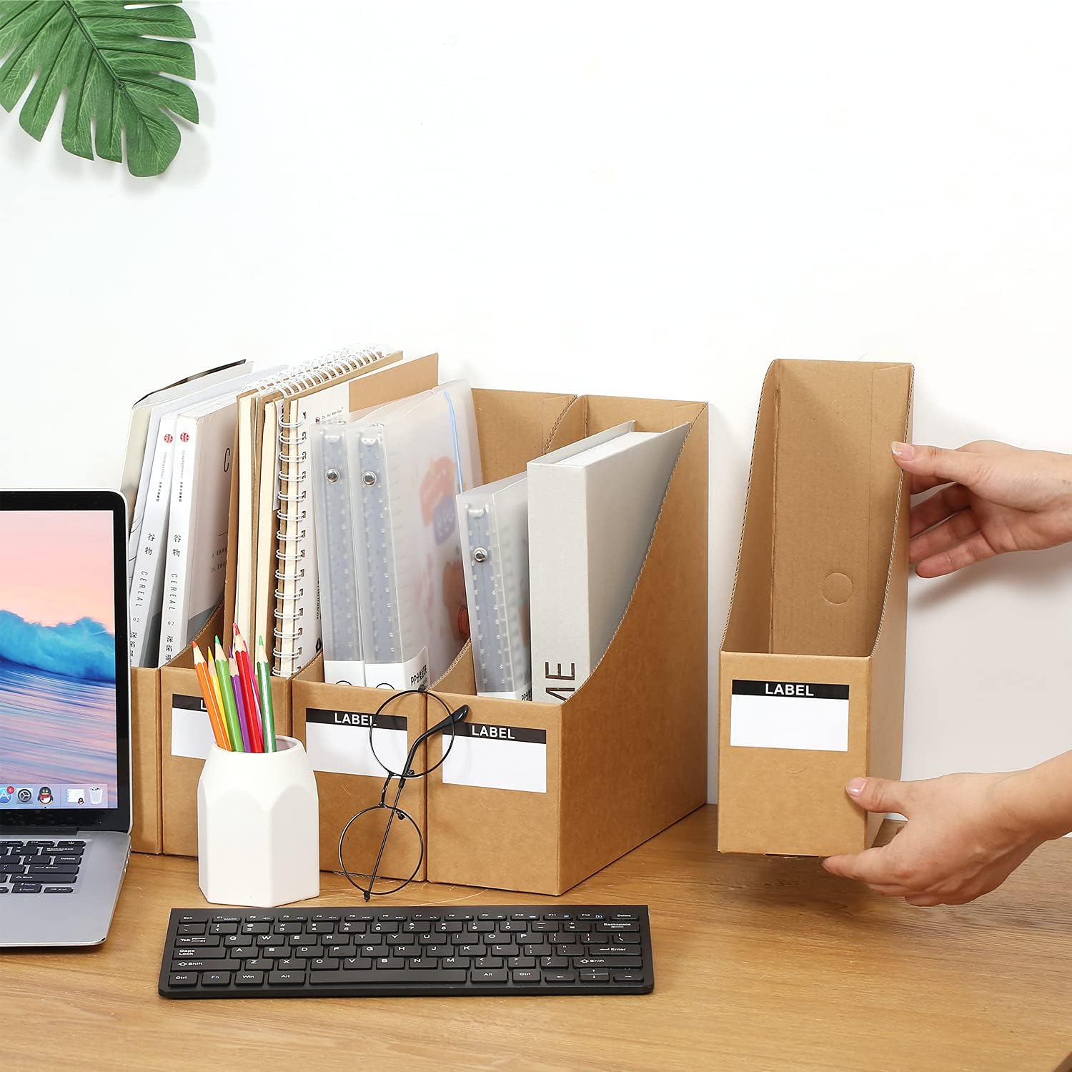 Foldable Desk File Holder Organizer Sturdy Cardboard Magazine Storage Box Document Rack with Blank Label Stickers for