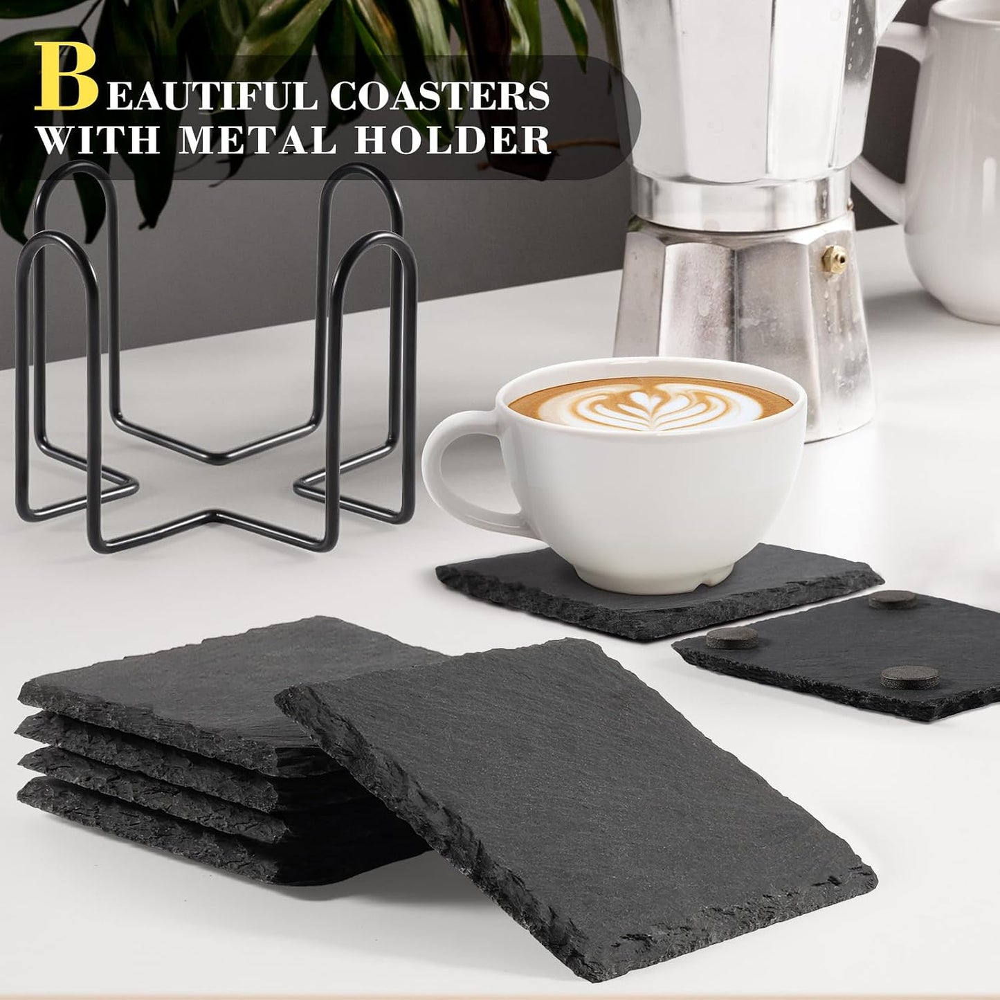 Metal Holder / Stone Coaster Set Tabletop Protection / Black / 4 Inch / Set of 8