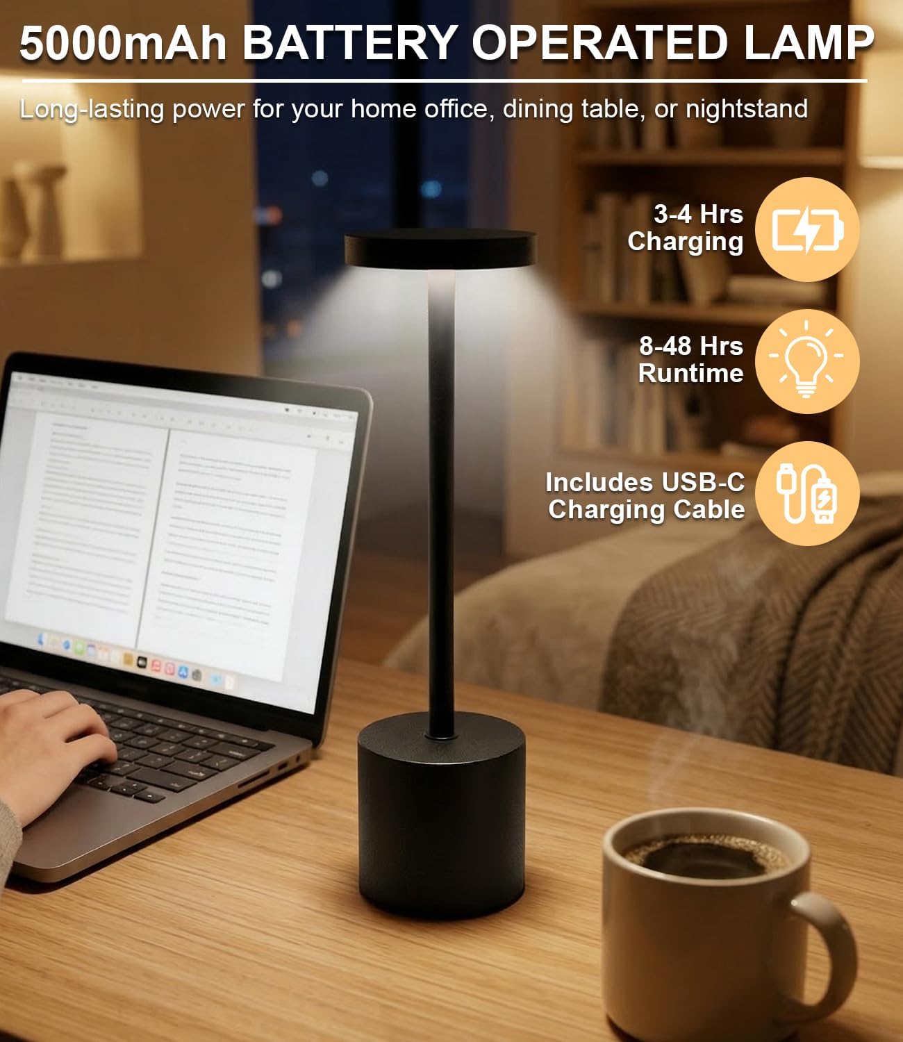 Cordless Table Lamp Set of 2, Rechargeable 5000mAh Battery Operated Outdoor Table Lamps, Portable LED Desk Lamp, 3