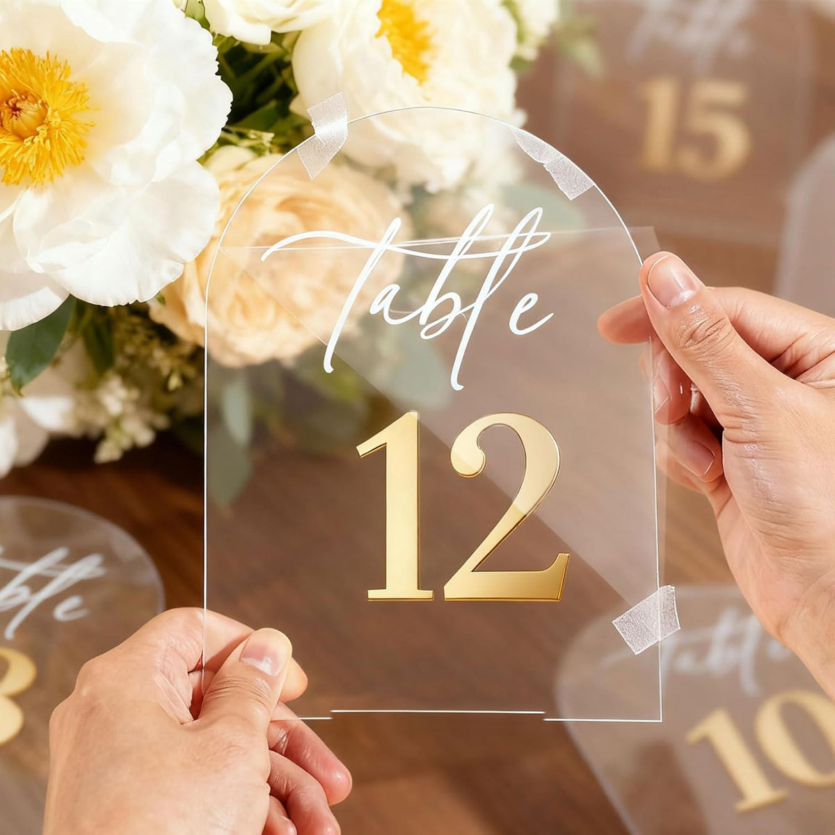 1-20 Arch Acrylic Wedding Table Numbers with Stands 5x8 Inch Signs | Transparent acrylic, golden letter print, sturdy