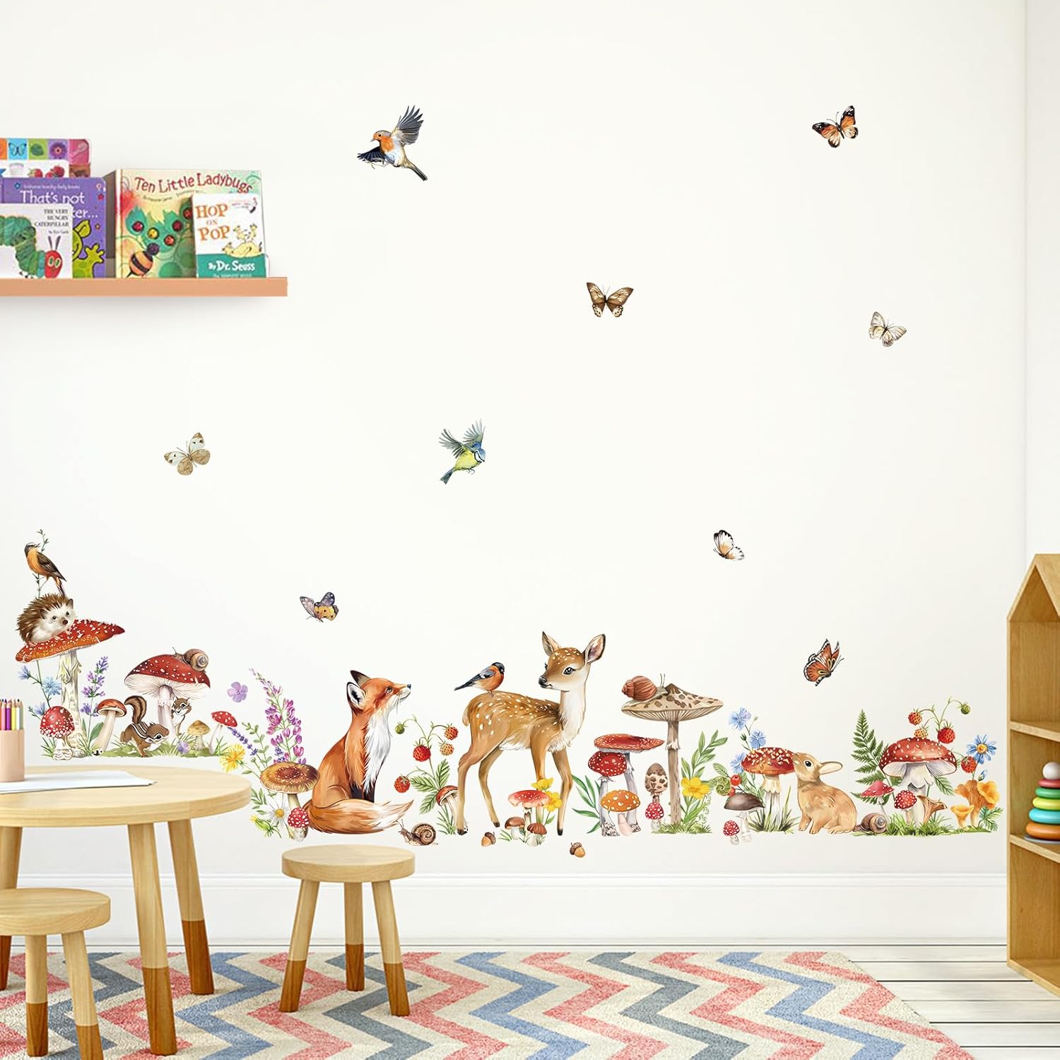 Woodland Animal Wall Stickers Mushroom Deer Fox Peel and Stick Wall Decals for Kids Bedroom Baby