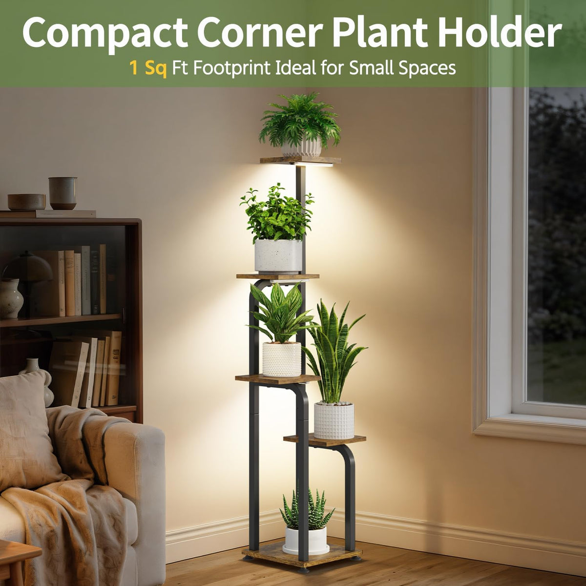 LASZOLA Plant Stand Shelf Tall for Indoor Corner with Lights, 5 Tier Brown | Modern Multiple Flower Display Rack with
