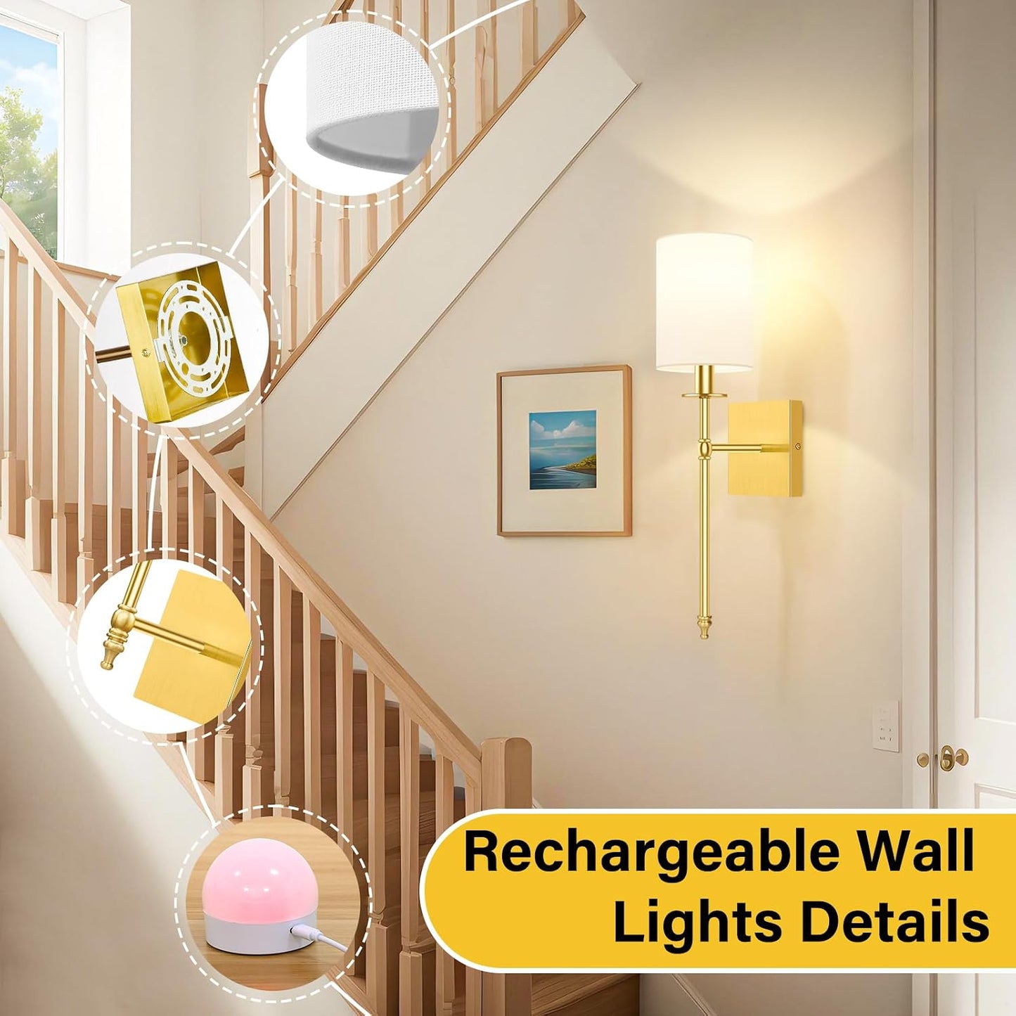19.9 Inch Wall Sconces Battery Operated Set of 2, Gold Rechargeable Wireless Wall Sconces Lights with Remote, Not