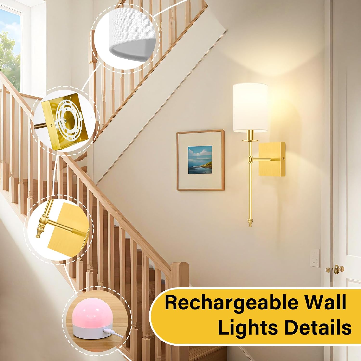 19.9 Inch Wall Sconces Battery Operated Set of 2, Gold Rechargeable Wireless Wall Sconces Lights with Remote, Not