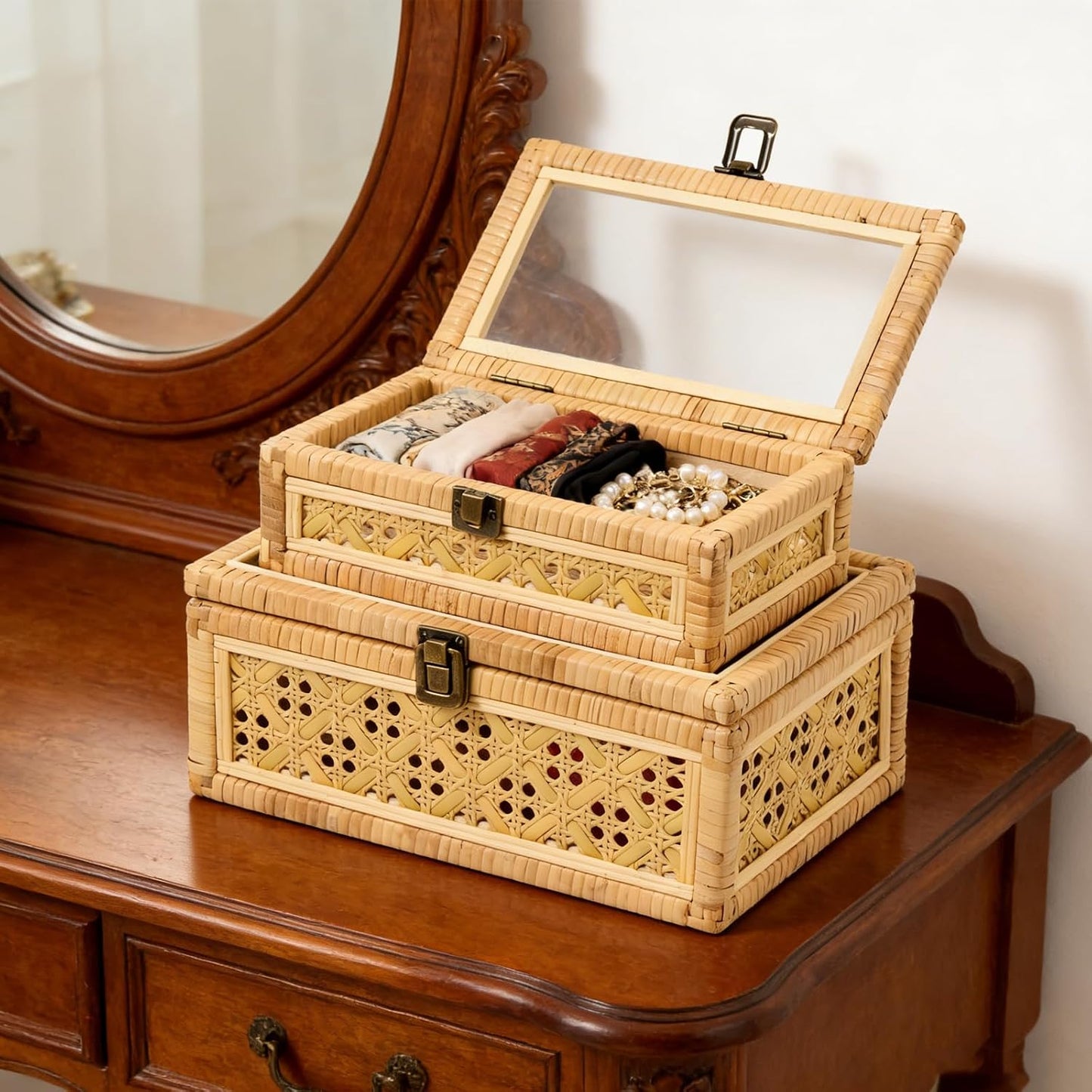 Clear Glass Lid Wooden Frame Handmade Boho Wicker Basket Woven Cane Bin Keepsake / Large / Natural