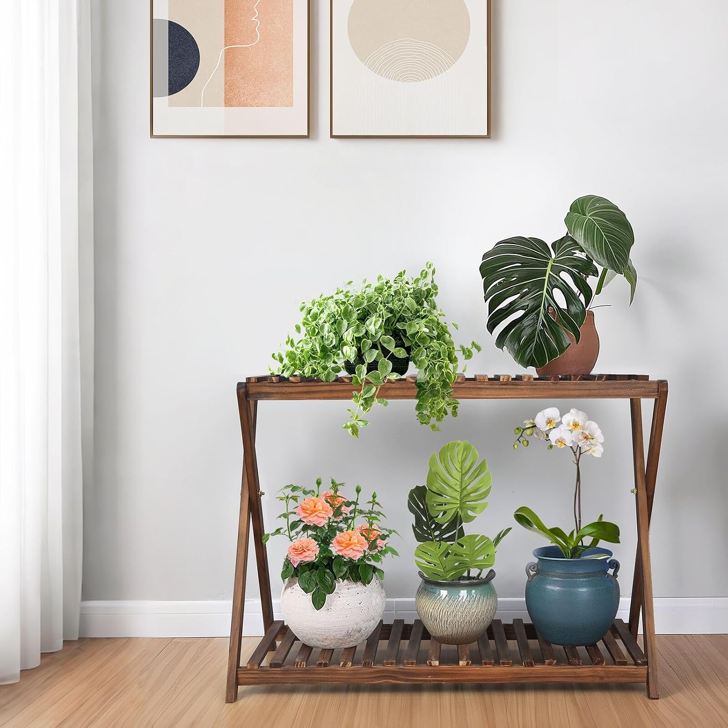 Wooden Plant Shelf Indoor, Narrow Plant Bench for Multiple Plants | 2 Tier Window Plant Stand, Corner Flower Pot Stand