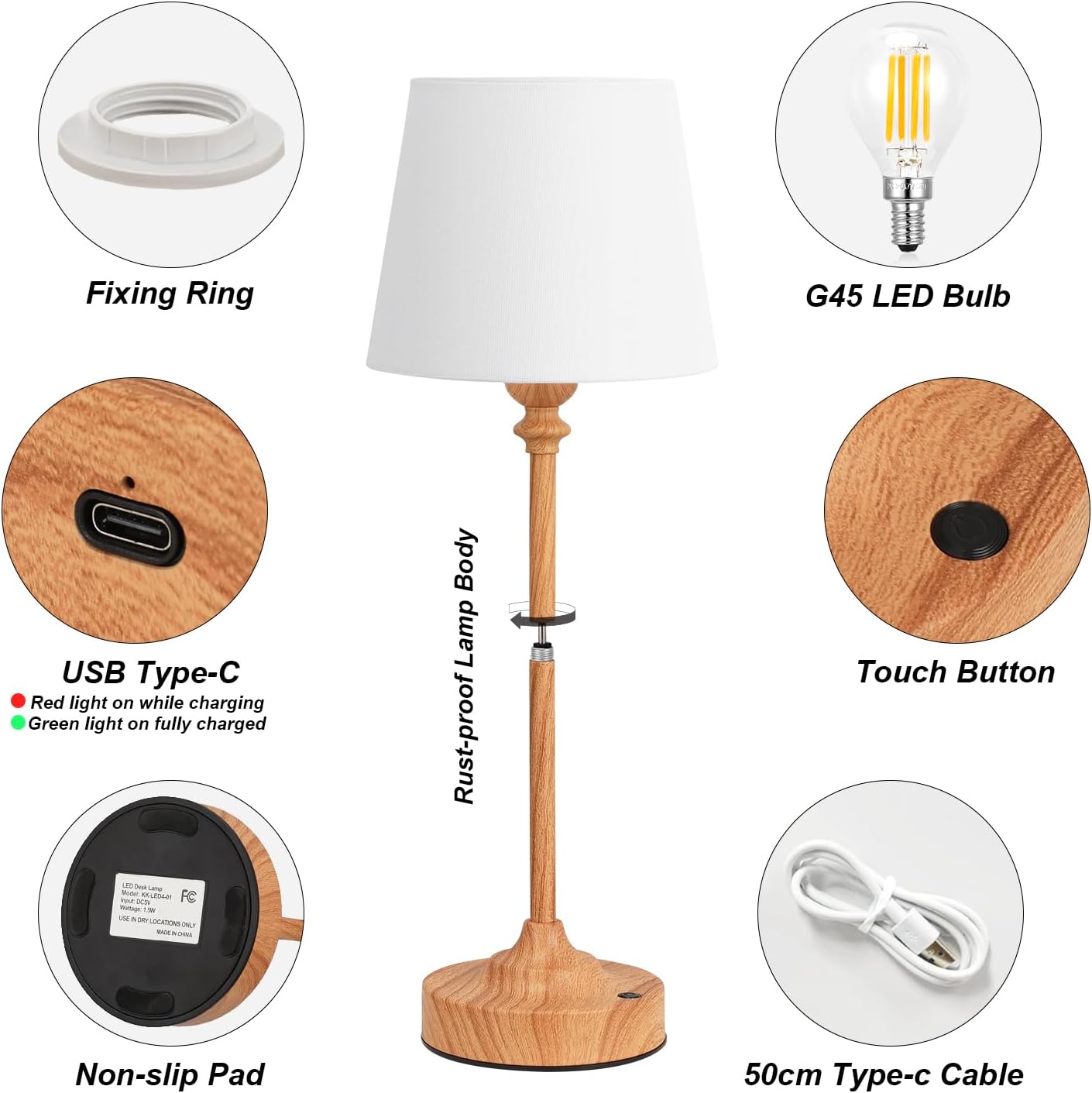 Kakanuo Cordless Table Lamps Rechargeable Set - 2 Pack Wooden 4000mAH Battery Operated Lamps for Decor, 3000K Stepless