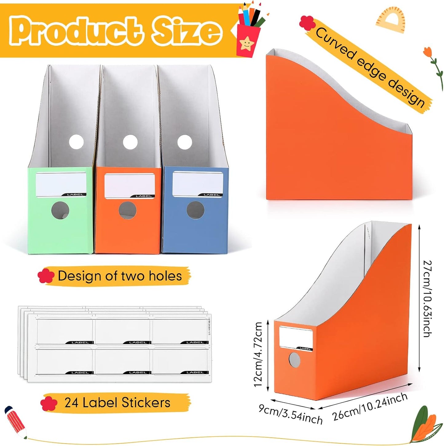 Colarr 12 Pack Cardboard Magazine File Holders Book Bins,Bright Color | Heavy Duty Magazine Storage Box with Labels