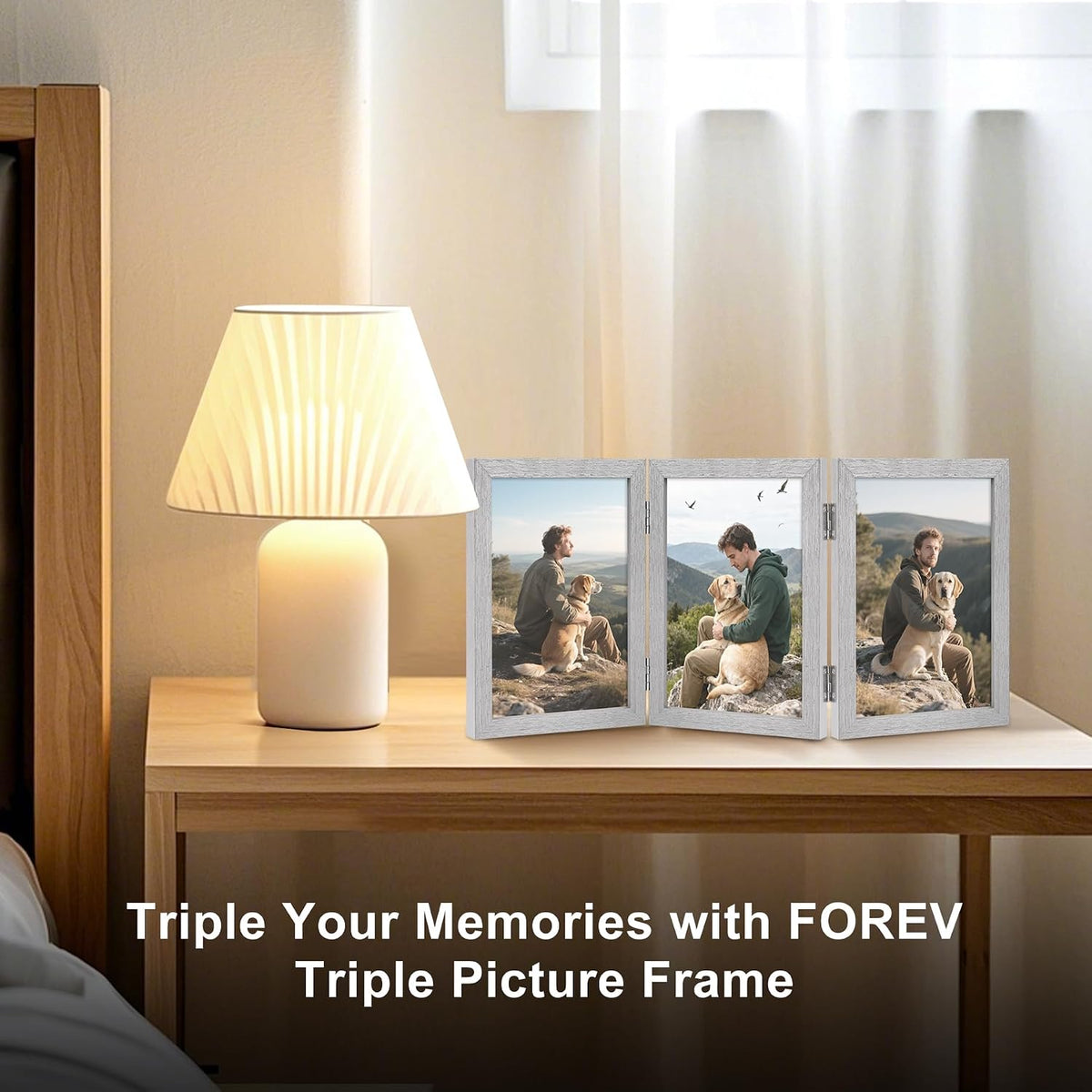 TOFOREVO 4x6 3 Picture Frame Triple Wooden Hinged Photo Frame Definition Glass Stand Vertically on Desktop or Tabletop