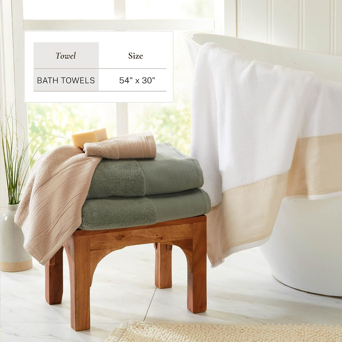 Great Bay Home White Bath Towel Set - Ultra-Soft 100% Cotton, Linen Like Border Design - 4 Bath Towels (54" x 30")