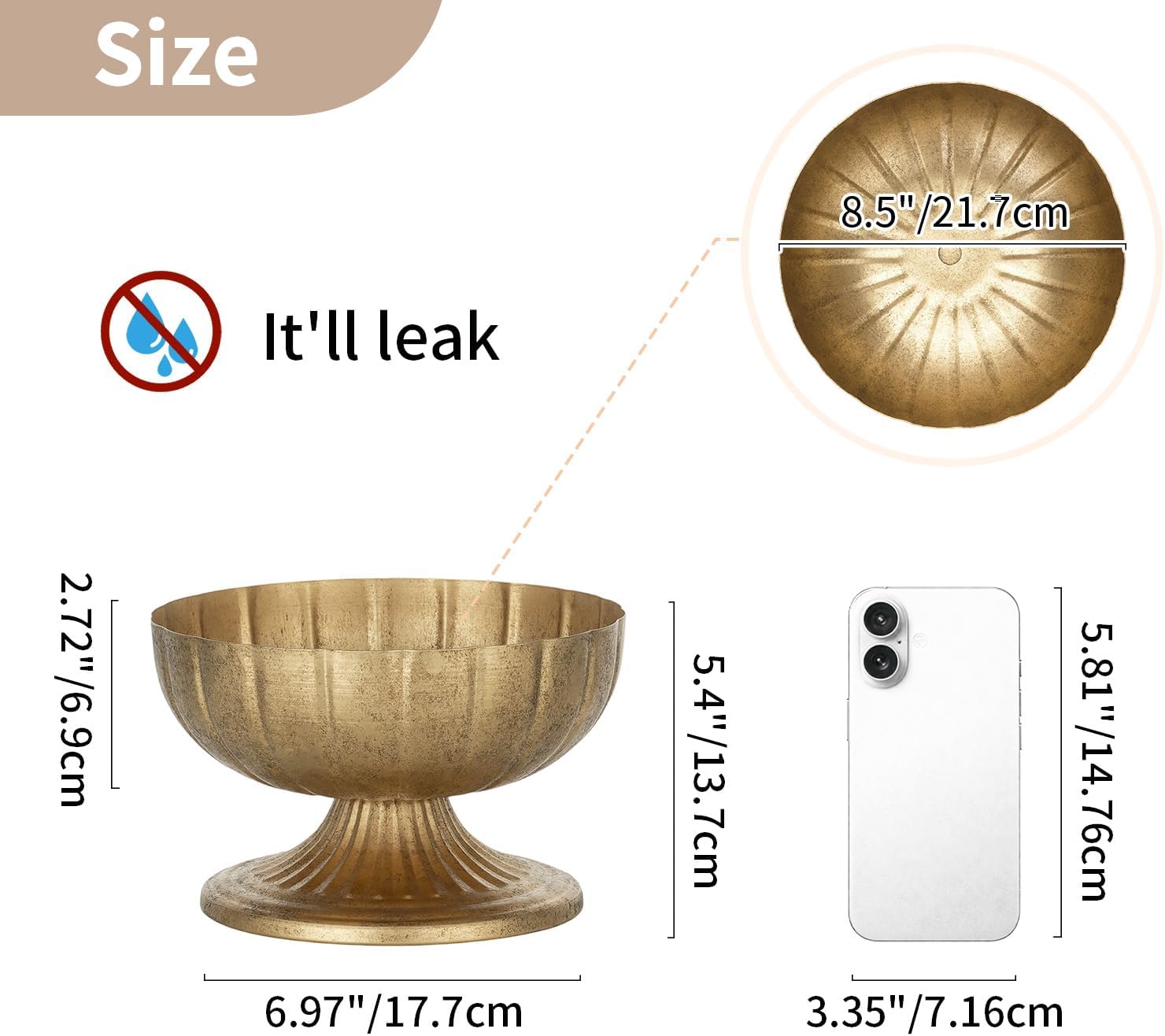 NUPTIO Gold Compote Vase for Centerpiece, 8.5" Wide Opening, 10 Pcs | Distressed Brass Urn, Short Pedestal Footed Bowl