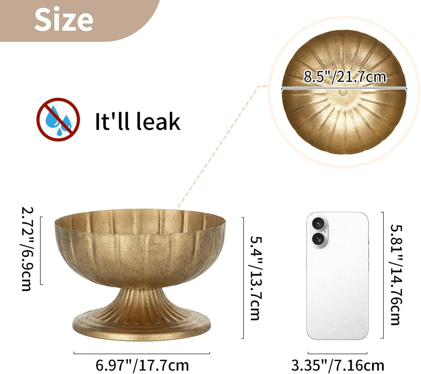 NUPTIO Gold Compote Vase for Centerpiece, 8.5" Wide Opening, 2 Pcs | Distressed Brass Urn, Short Pedestal Footed Bowl