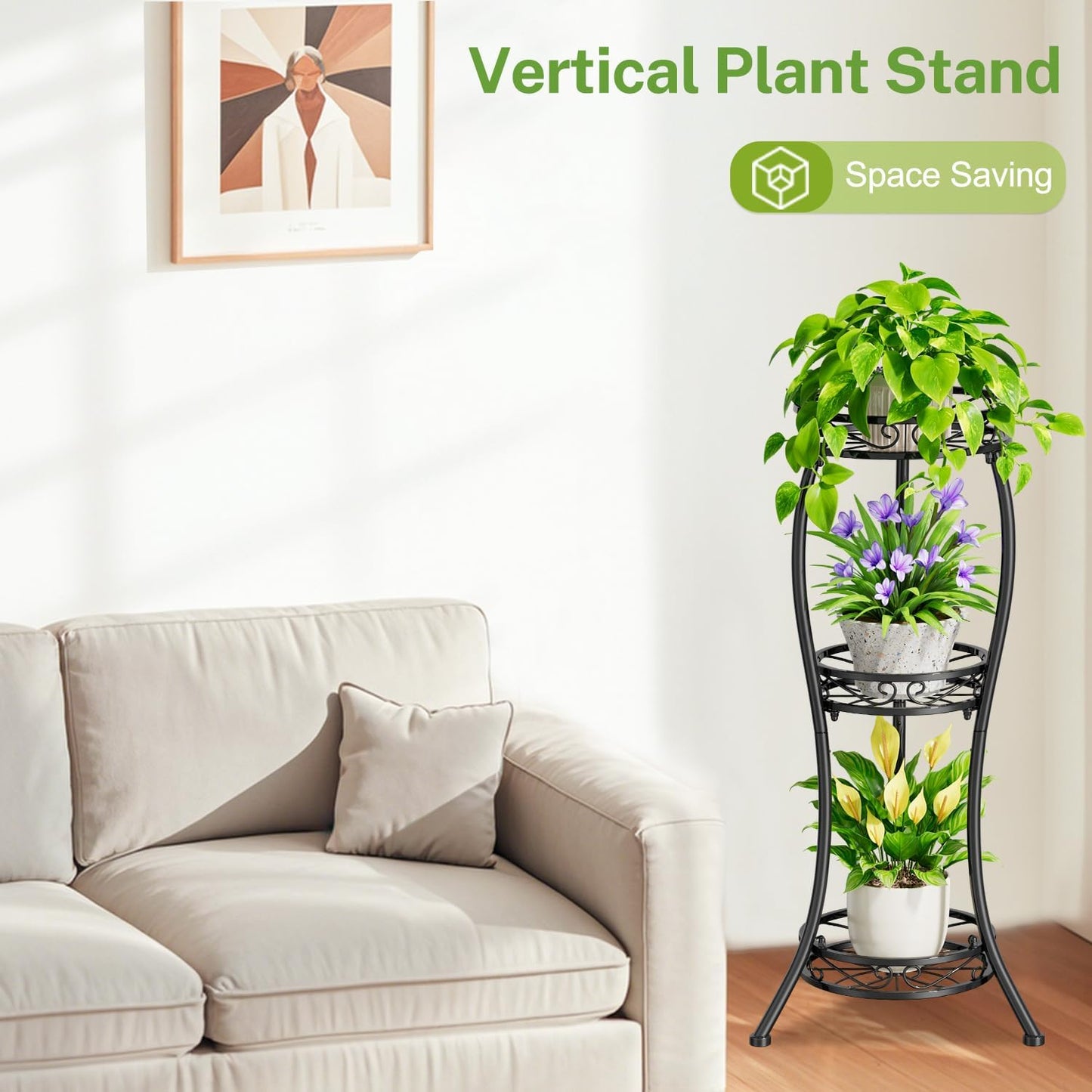 iDavosic.ly 3 Tier Metal Plant Stand Outdoor Indoor, 34 Inch Tall, Black | Corner Flower Pot Holder Shelf, Wrought Iron