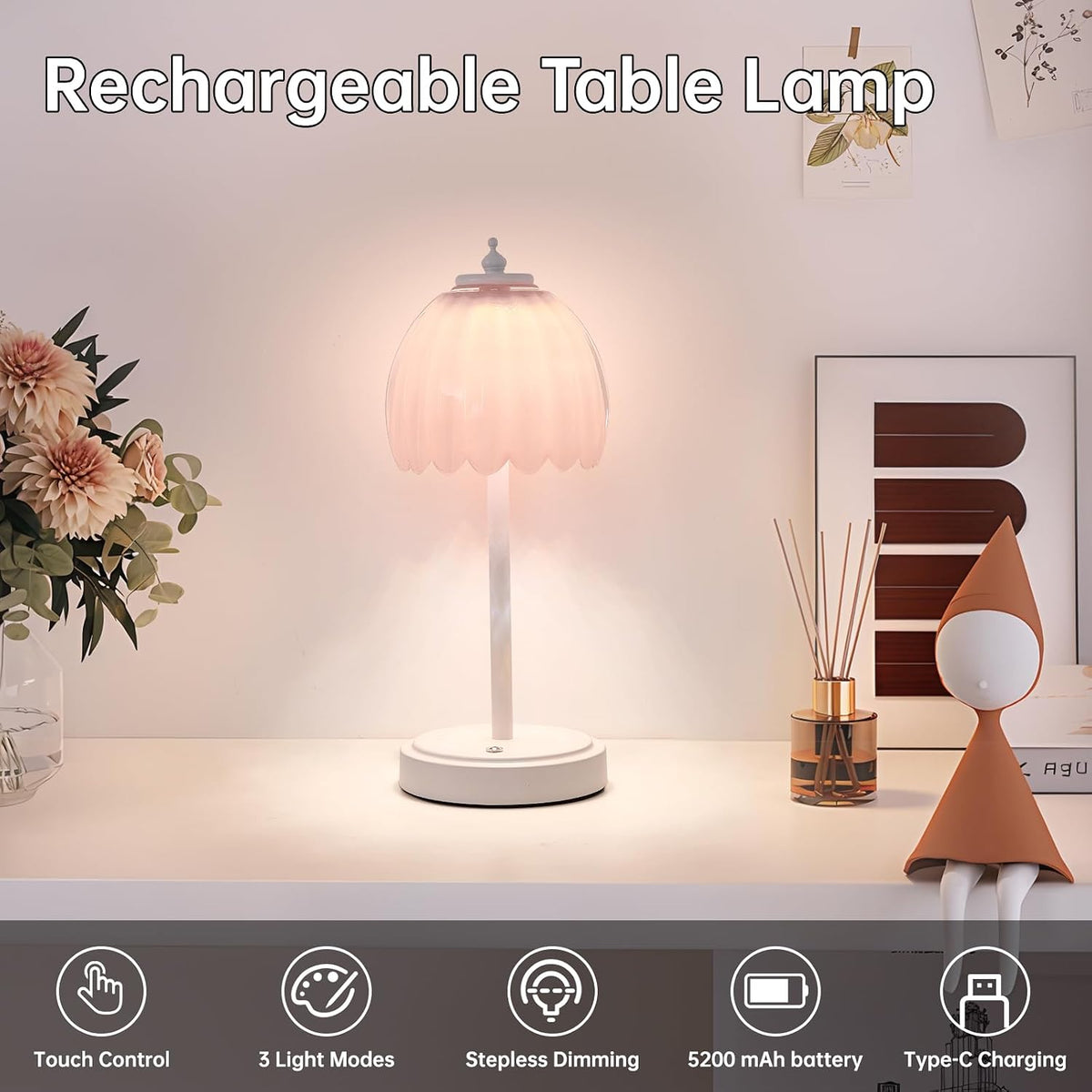 Shenmoyl Rechargeable Table Lamp with 5200mAh Battery & Touch Control - 3 Adjustable Color Temperatures, Cordless