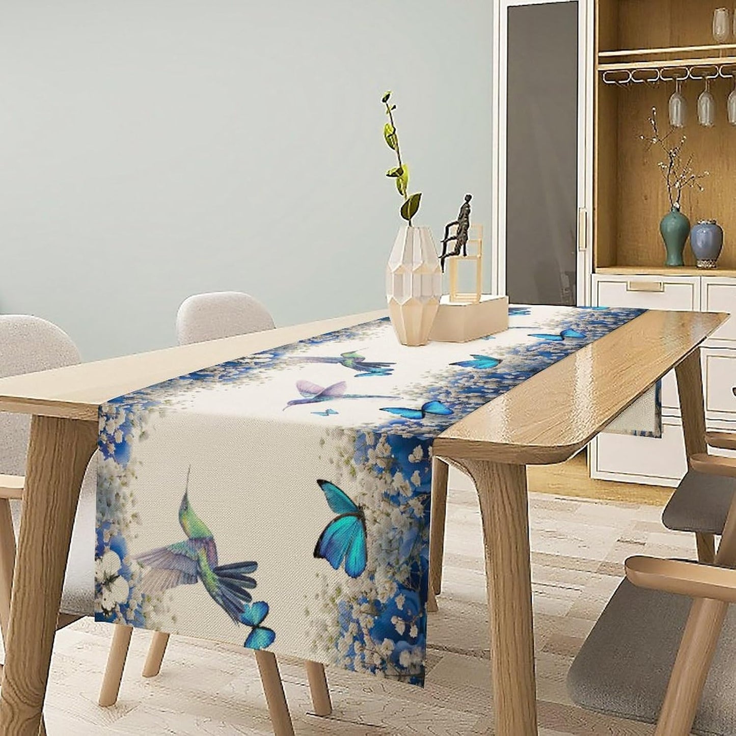 Hummingbird Flower Table Runner, Watercolor Spring Garden Theme Blue Flowers Butterfly Hummingbird Patterns Printed