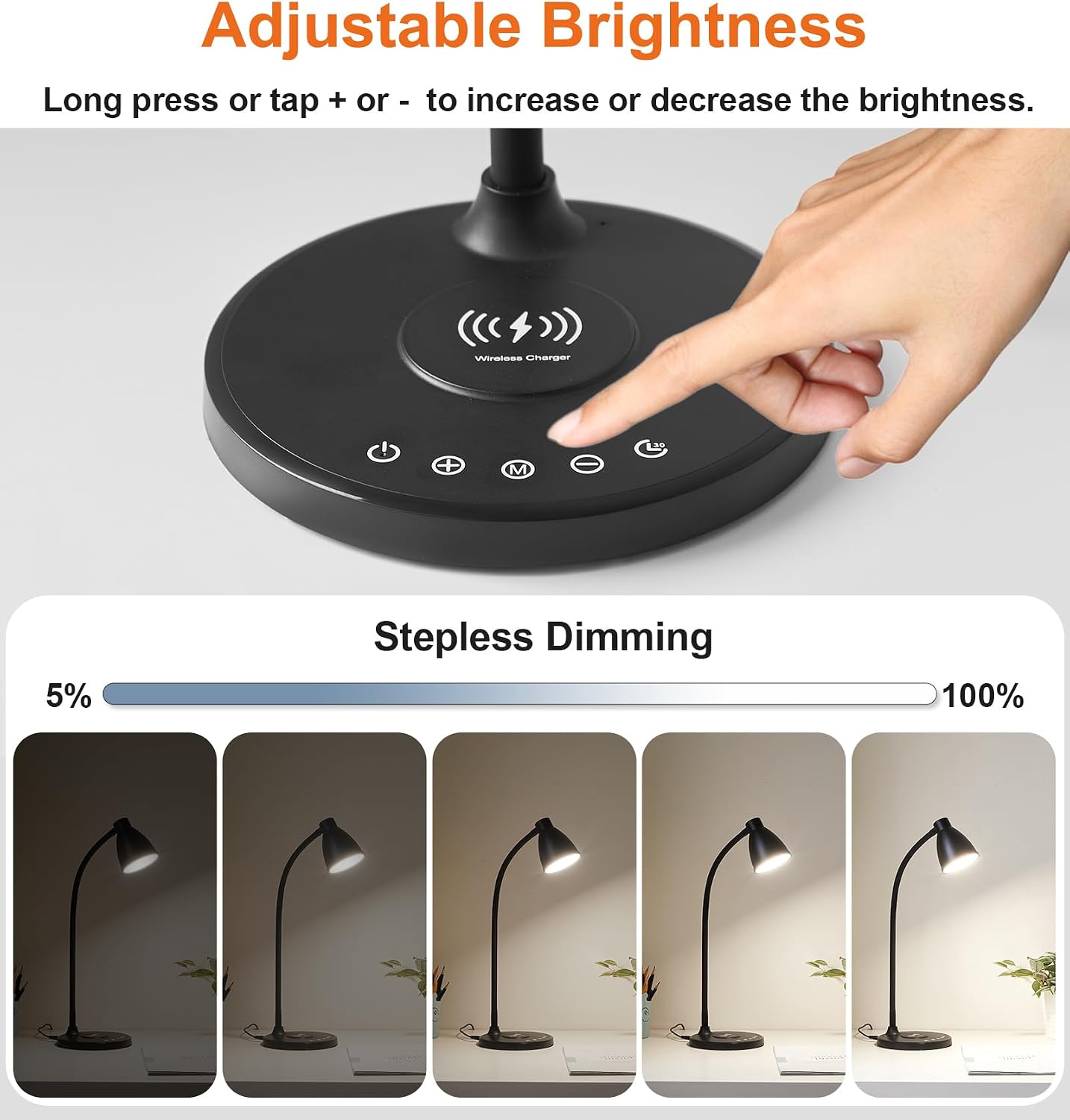 BOHON Desk Lamp for Home Office with USB C+A Charging Ports Timer Black | LED Desk Light with Wireless Charger 5 Colors