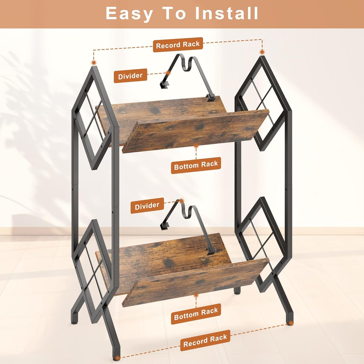 RUILALIFE 2-Tier-Vinyl-Record-Storage-Holder With Dividers, Metal Album storage for vinyl records display Shelf