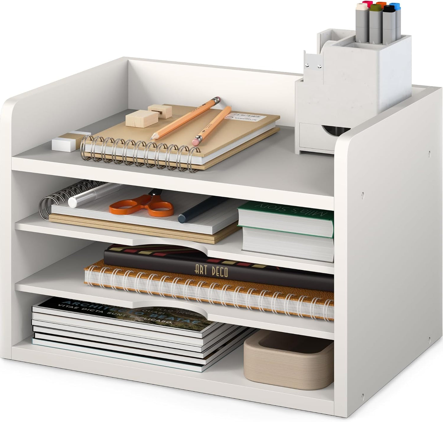 Ballucci File Organizer, 4-Tier Office Desk Organizer, Open Top Wood Paper Organizer for Classroom, Desktop Mail Sorter