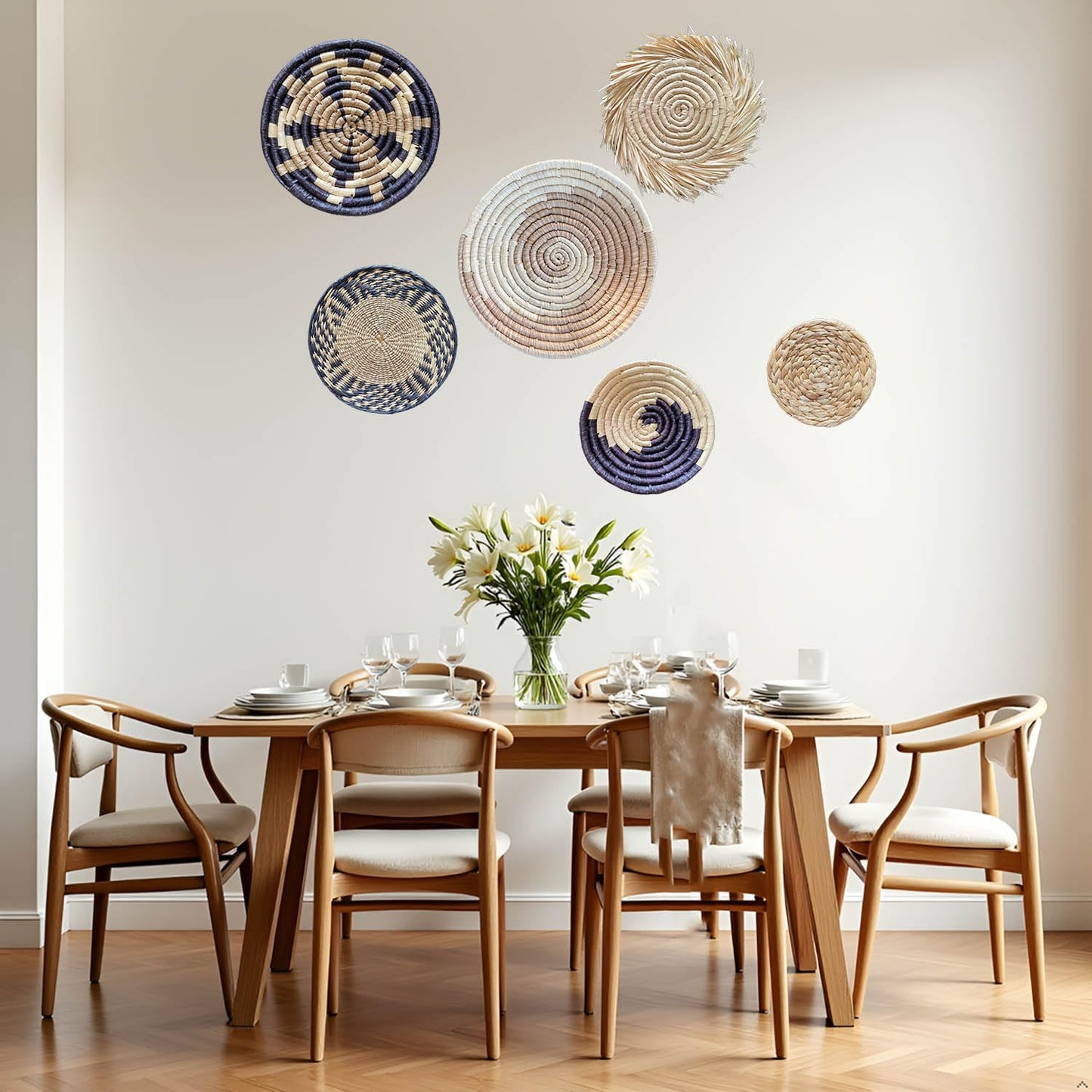 Boho Round Handmade Wall Basket Decor / Bohemian / Natural / Set of 6