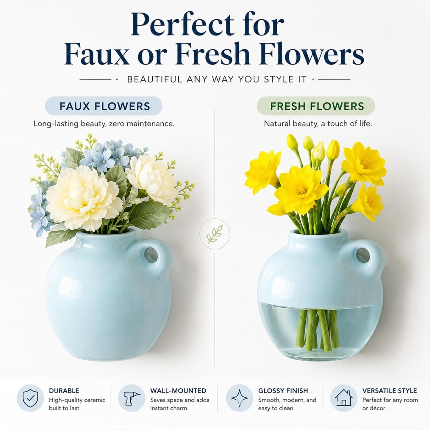 Artificial Flowers / Mini Vase Magnets for Fridge / Multy Color / White / Set of 8