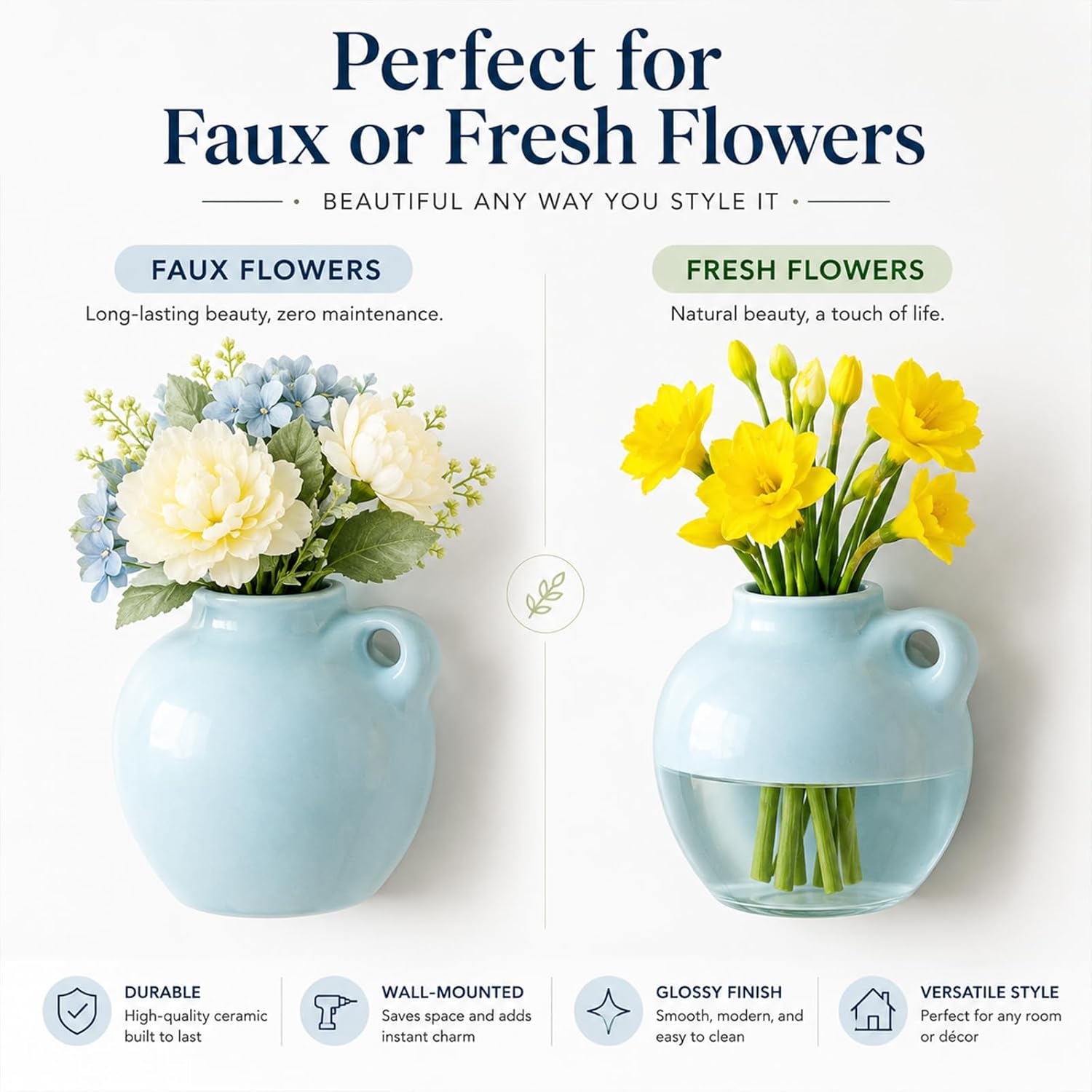 Artificial Flowers / Mini Vase Magnets for Fridge / Multy Color / White / Set of 8