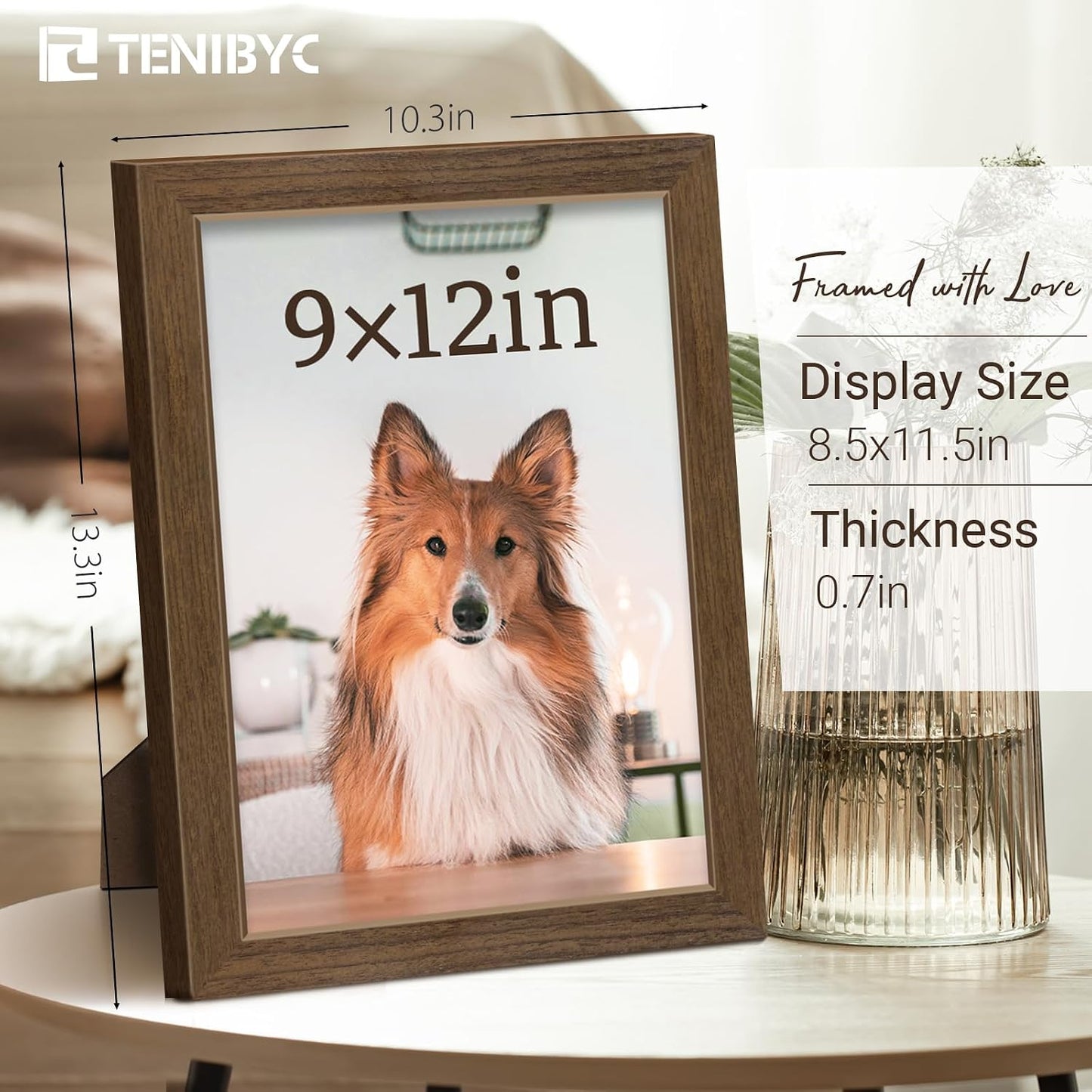 9x12 picture frame 3 Pack, Brown Wood, Real Glass, for Photos | Thick HD Tempered Glass, Tabletop or Wall Hanging