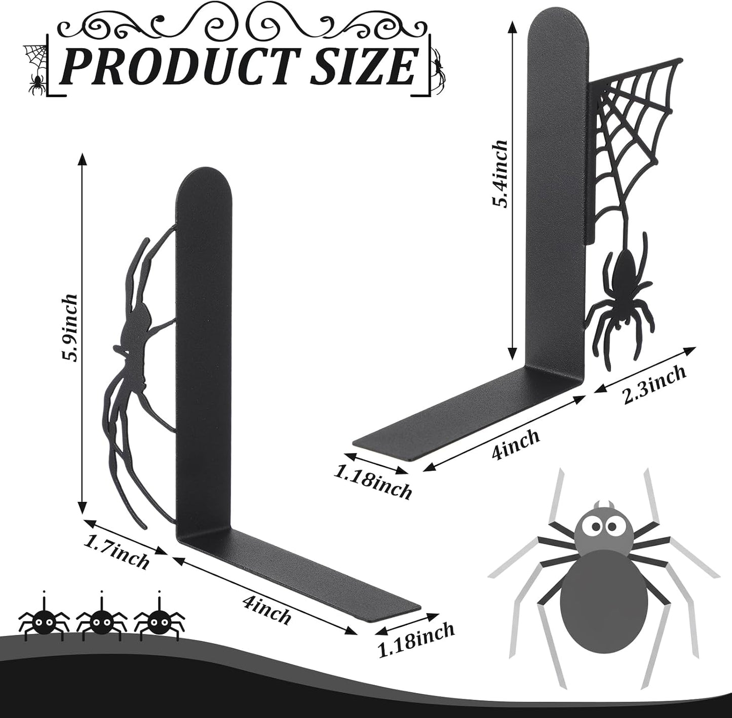 Creepy Metal Bookends Styles Gothic and Web Book Ends / Spider / Black / Set of 2