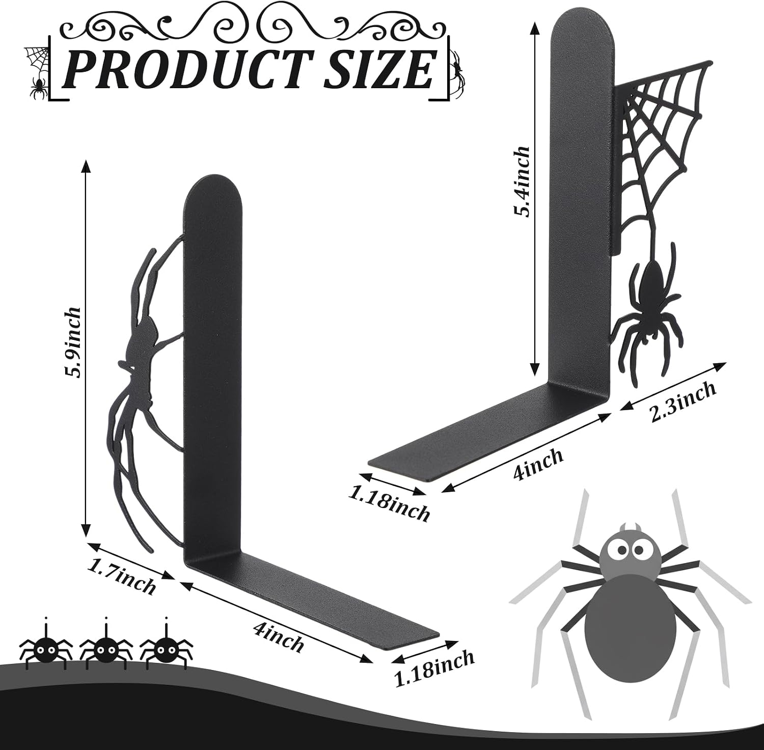 Creepy Metal Bookends Styles Gothic and Web Book Ends / Spider / Black / Set of 2
