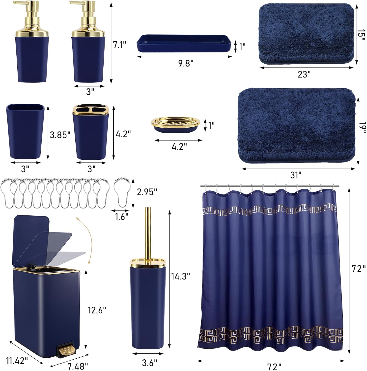 XLHOMO Bathroom Sets with Shower Curtain and Rugs Bathroom Accessories Set Navy Blue Bathroom Set,Soap Dispenser &