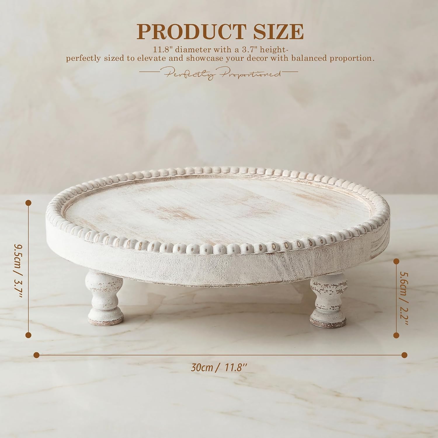 Plant & Decor / Beaded Pedestal Tray Stand for Cake / Whitewash