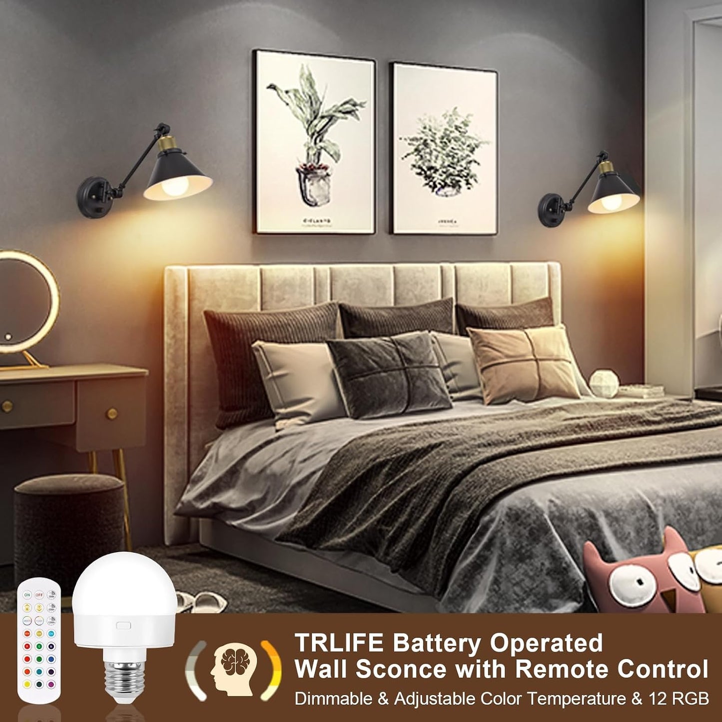 TRLIFE Rechargeable Battery Operated Wall Sconce, Dimmable and Adjustable Color Temperature Wireless Wall Sconces Set