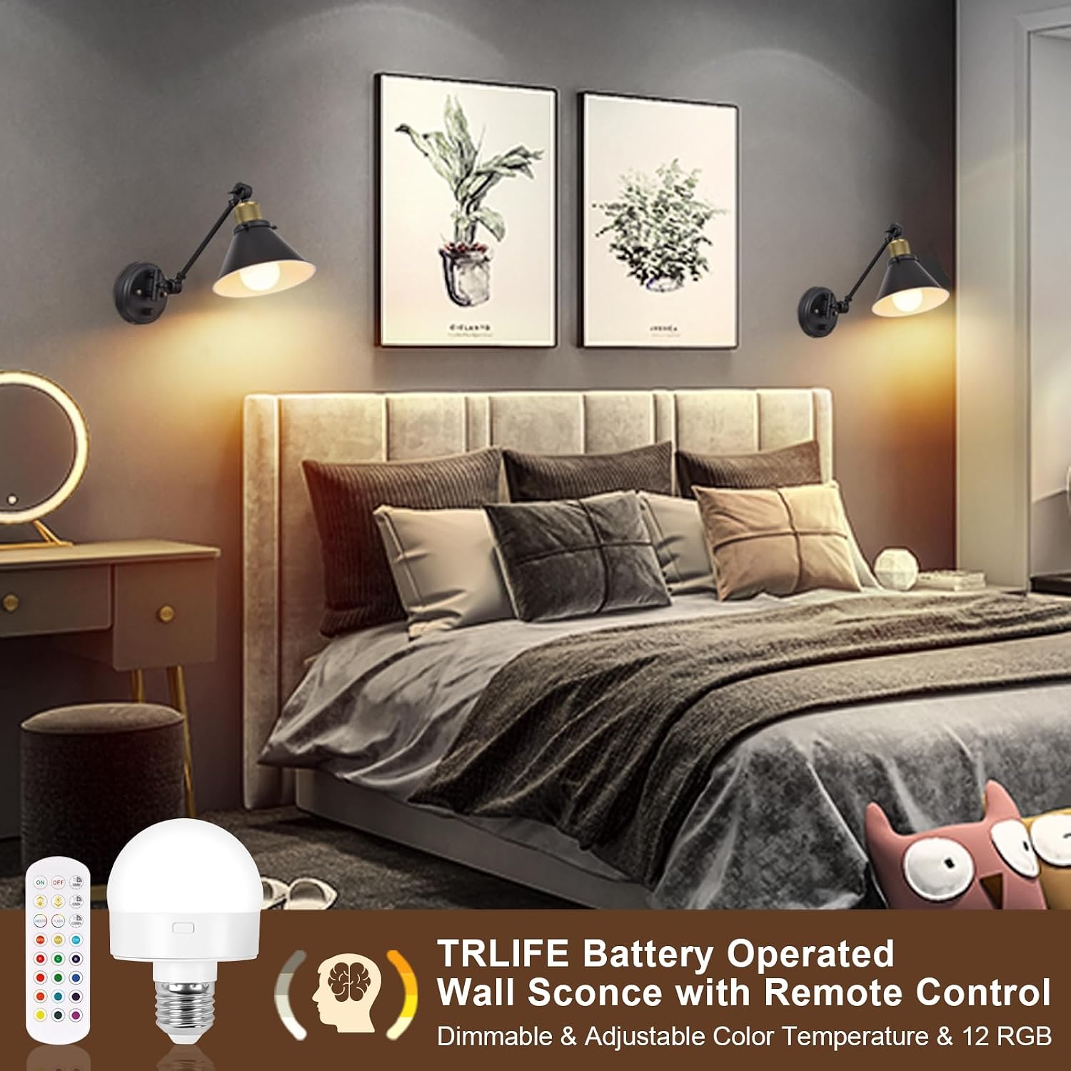 TRLIFE Rechargeable Battery Operated Wall Sconce, Dimmable and Adjustable Color Temperature Wireless Wall Sconces Set