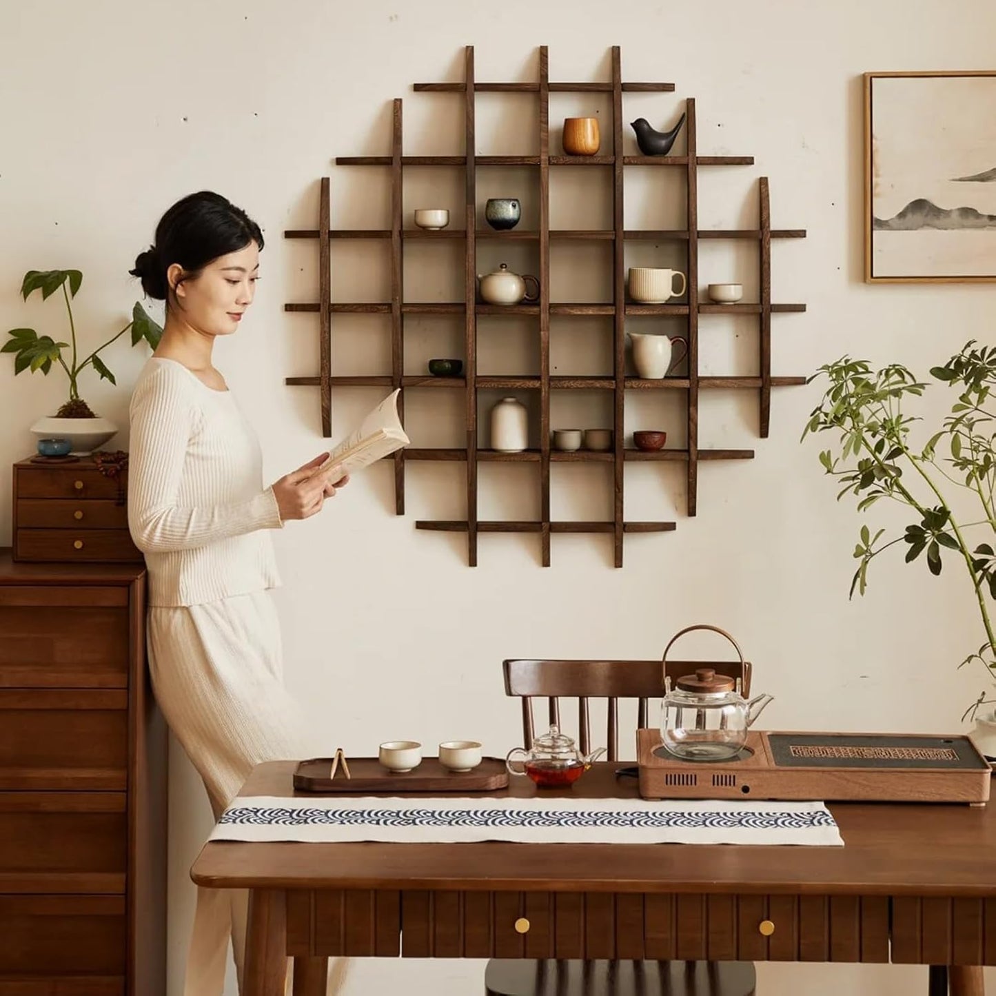 Solid Wood Chinese Tea Cup Holder, Wall Mounted Mug Display Shelf | Wall Decoration Teaware Shelf Storage Rack for