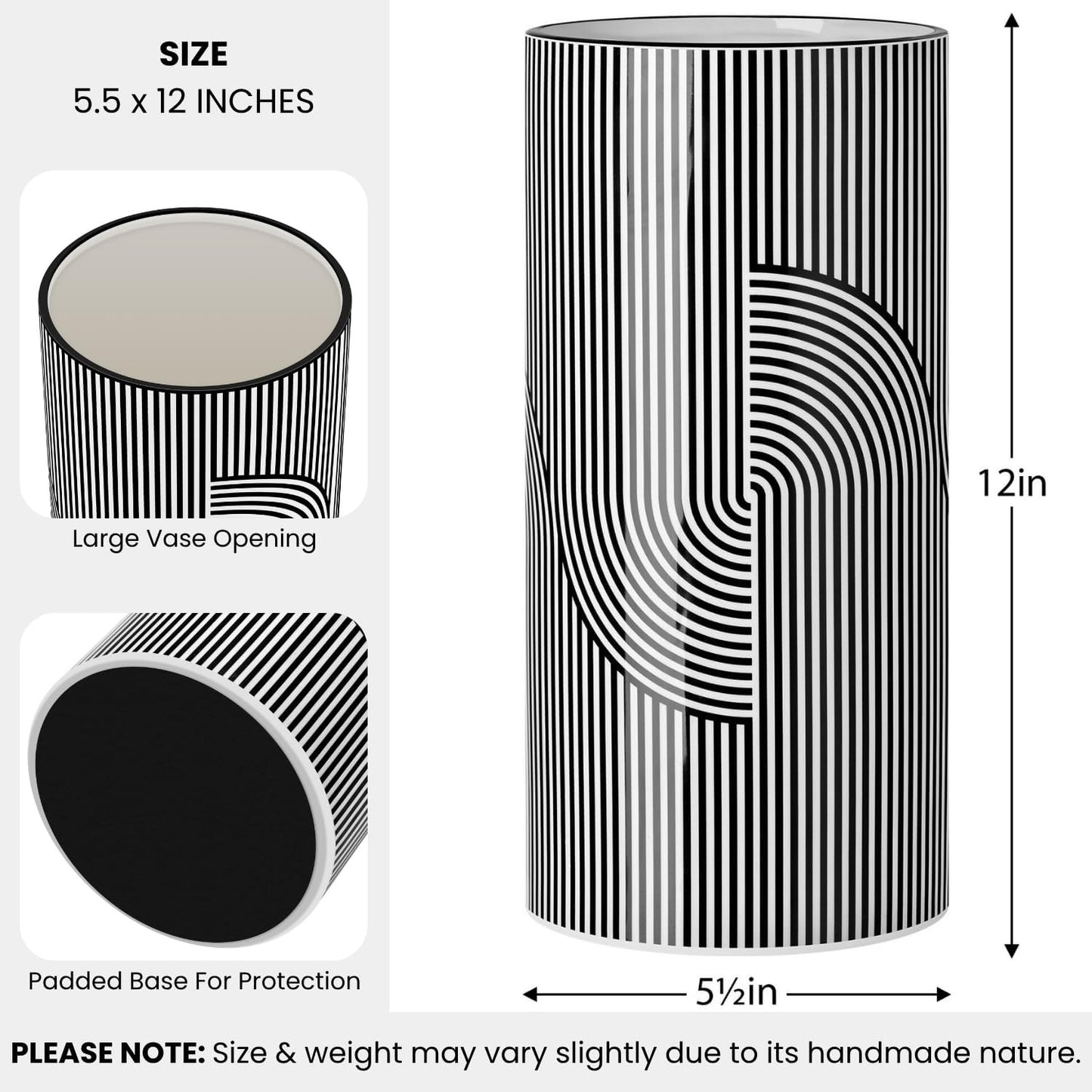 12" Tall and White Ceramic Vase for Flowers / Graphic Lines / Black