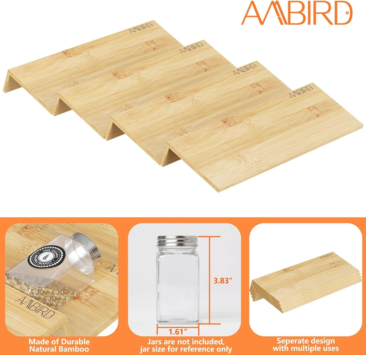 AMBIRD Bamboo Spice Drawer Organizer with Non-slip Mat,4 Tier - 2 Set Jar Spice Rack Tray From 12''to 24'',Hold up 48