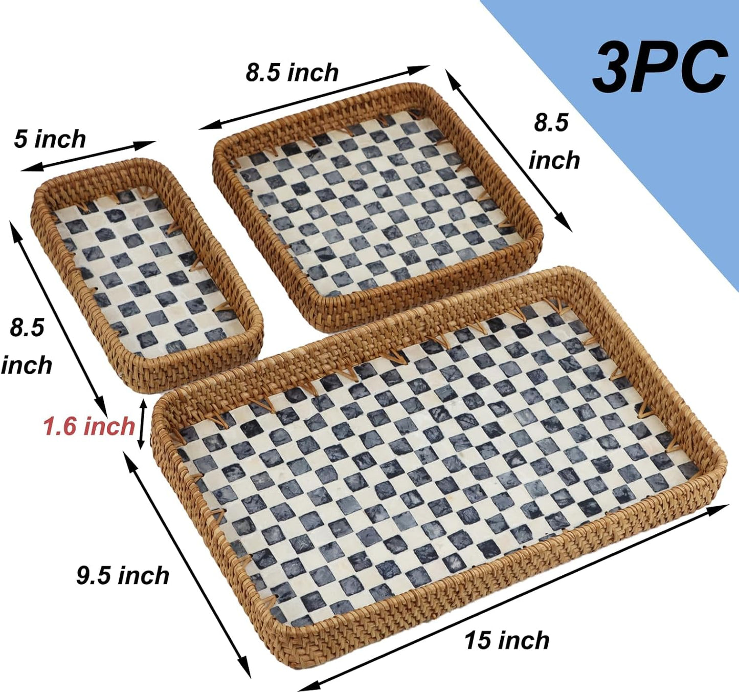 Rattan Serving Trays / Black Checkerboard / Set of 3
