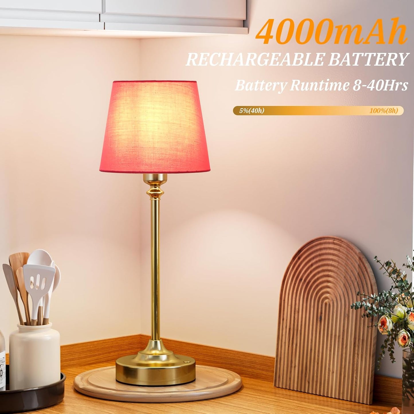 Cordless Table Lamps Rechargeable Set - 2 Pack Brass 4000mAH Battery Operated Lamps for Decor, 3000K Stepless Dimming