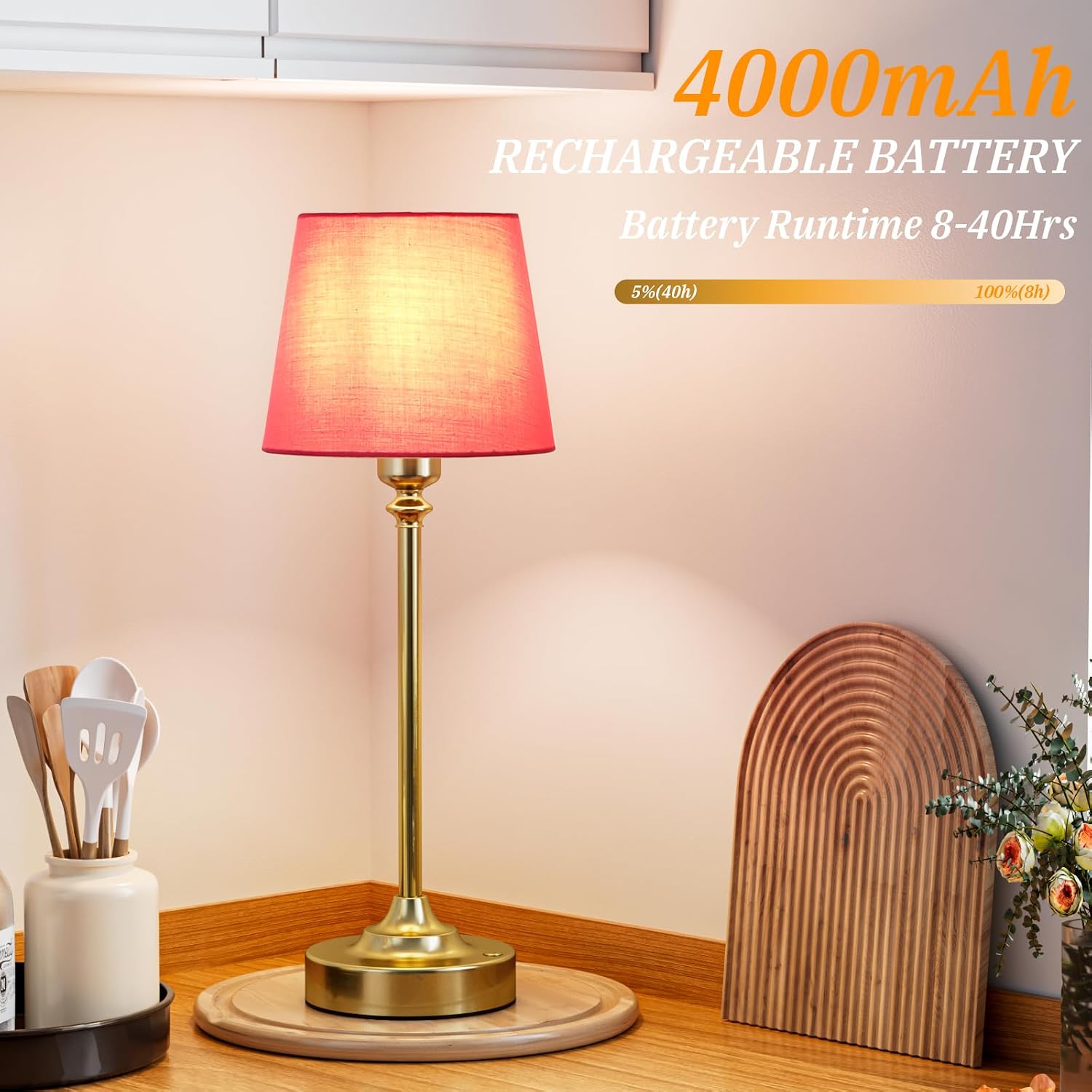 Cordless Table Lamps Rechargeable Set - 2 Pack Brass 4000mAH Battery Operated Lamps for Decor, 3000K Stepless Dimming