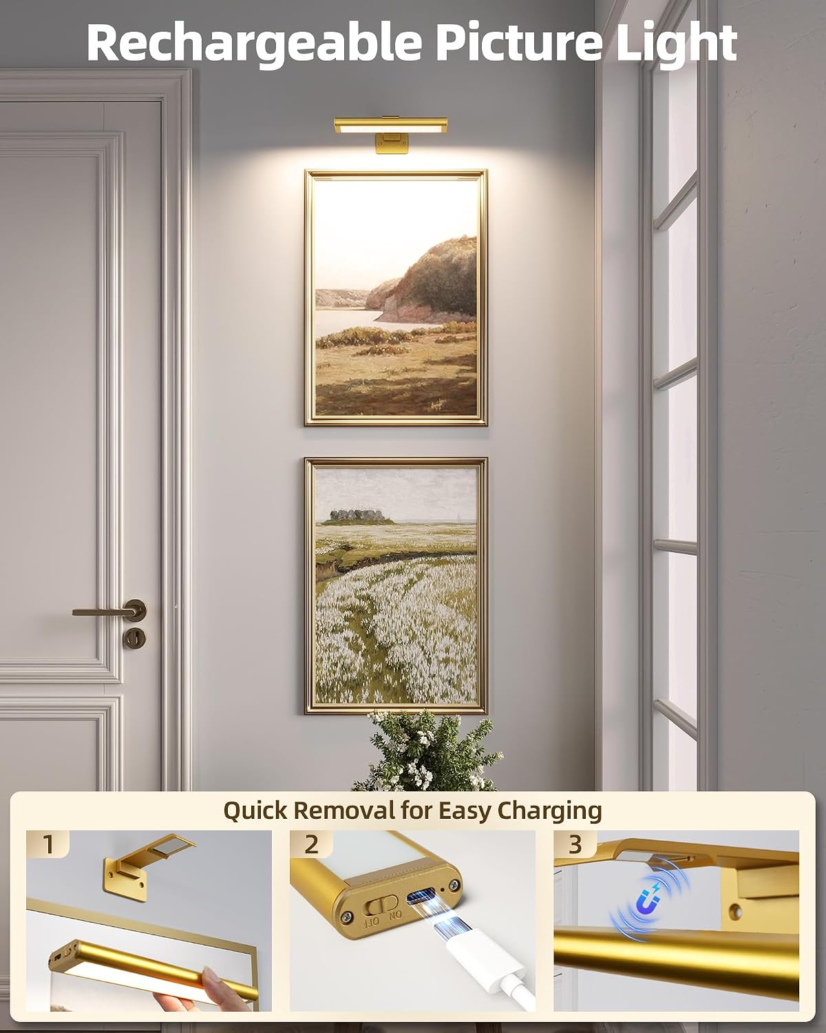EZVALO Picture Light for Wall, Rechargeable 2400mAh Gold Lights Wireless with IR Remote, 3 Color & Dimmable Magnetic