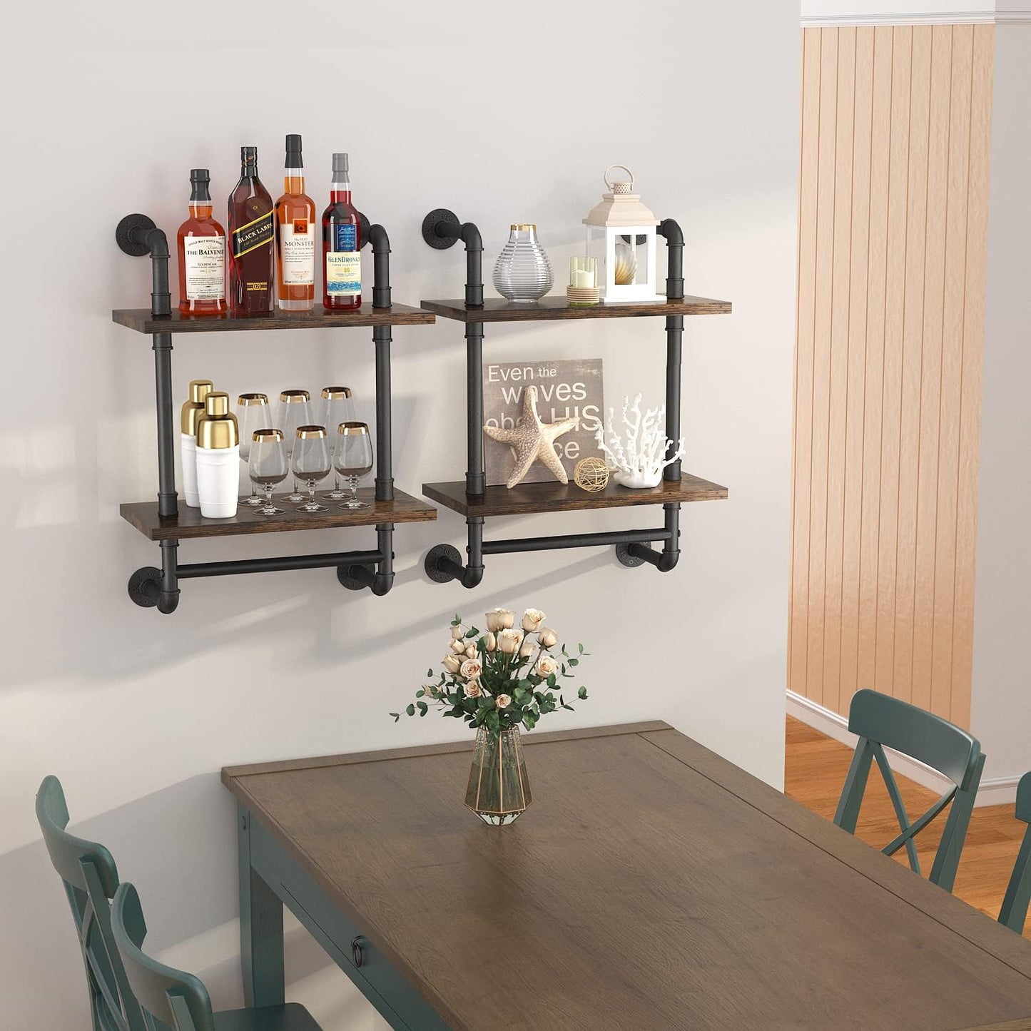 Helsin 2 Tier Industrial Pipe Floating Bathroom Shelves Wall Mounted with Towel Bar, Rustic Wood Wall Shelf, 16 Inch