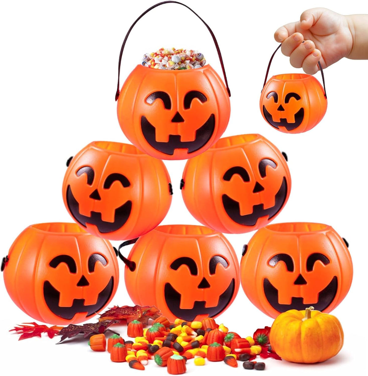 HANSGO Mini Halloween Portable Pumpkin Bucket, 12PCS 3.3 inches Small Halloween Pumpkin Candy Buckets Children Trick or Treat Bags