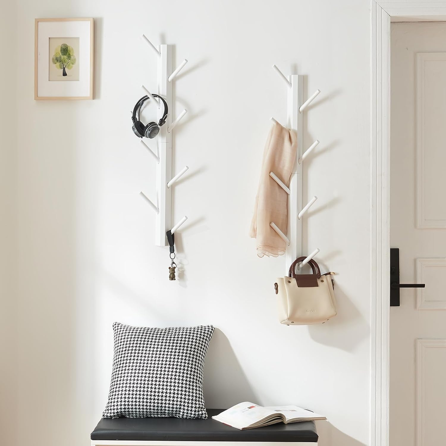 2-Pack Vertical Wall Mount Coat Rack for Clothes and Hats, White | Bamboo construction, 16 polished hooks, max 50 lbs