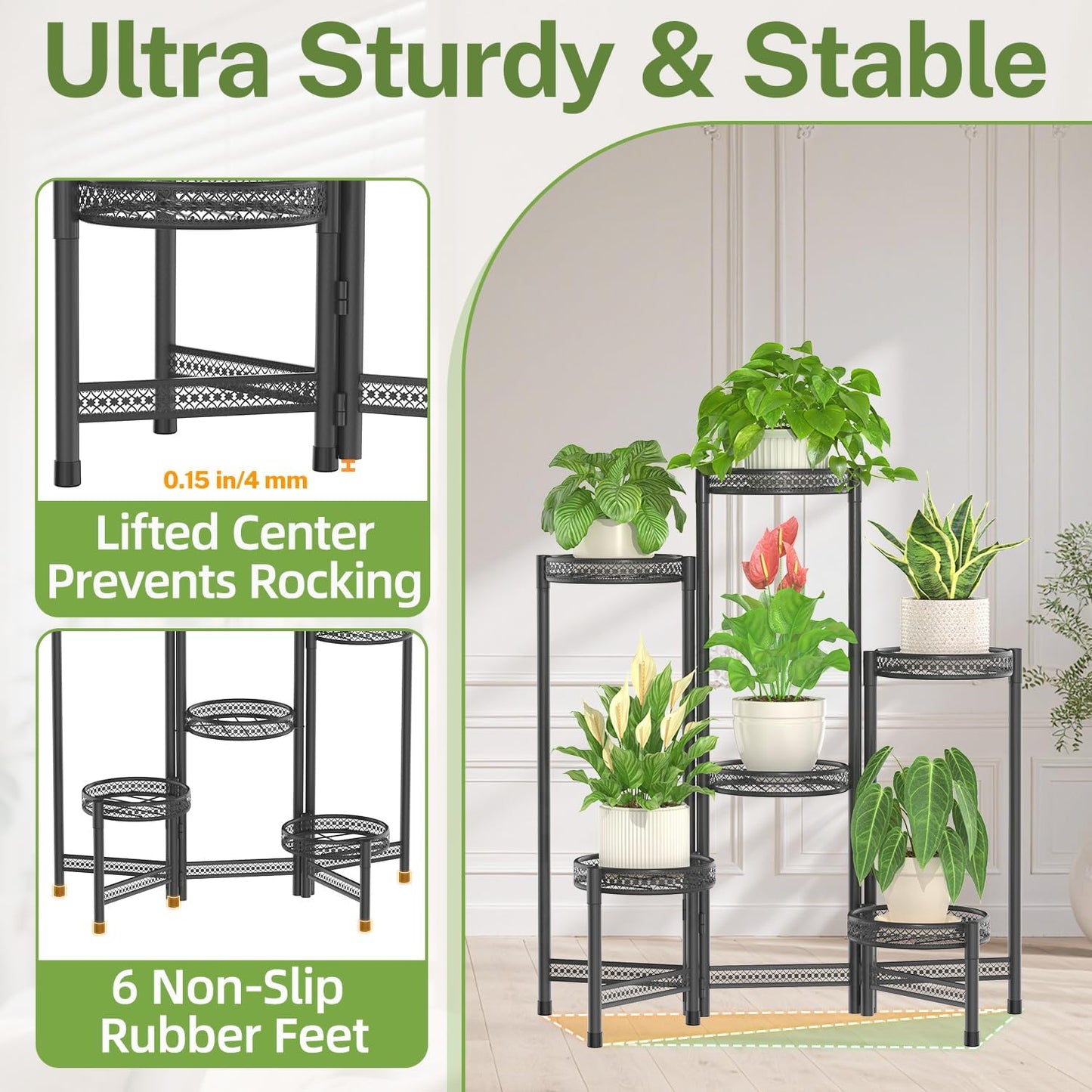 iDavosic.ly Plant Stand Indoor Outdoor, 6 Tier Iron Corner Shelf, Black | Tiered Tall Flower Display Holder, Folding