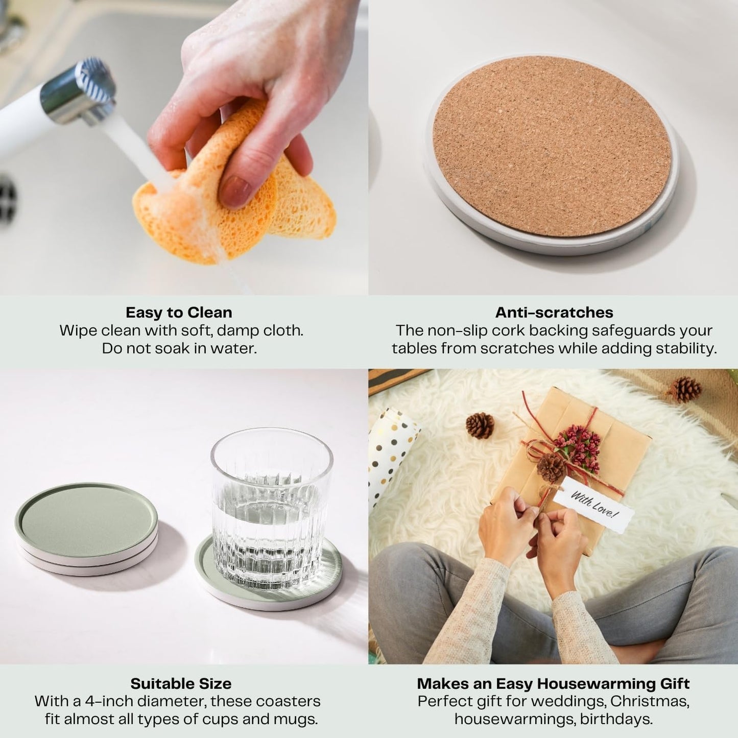 Holder / Absorbent Ceramic Drink Coasters / Sage Green / Set of 6