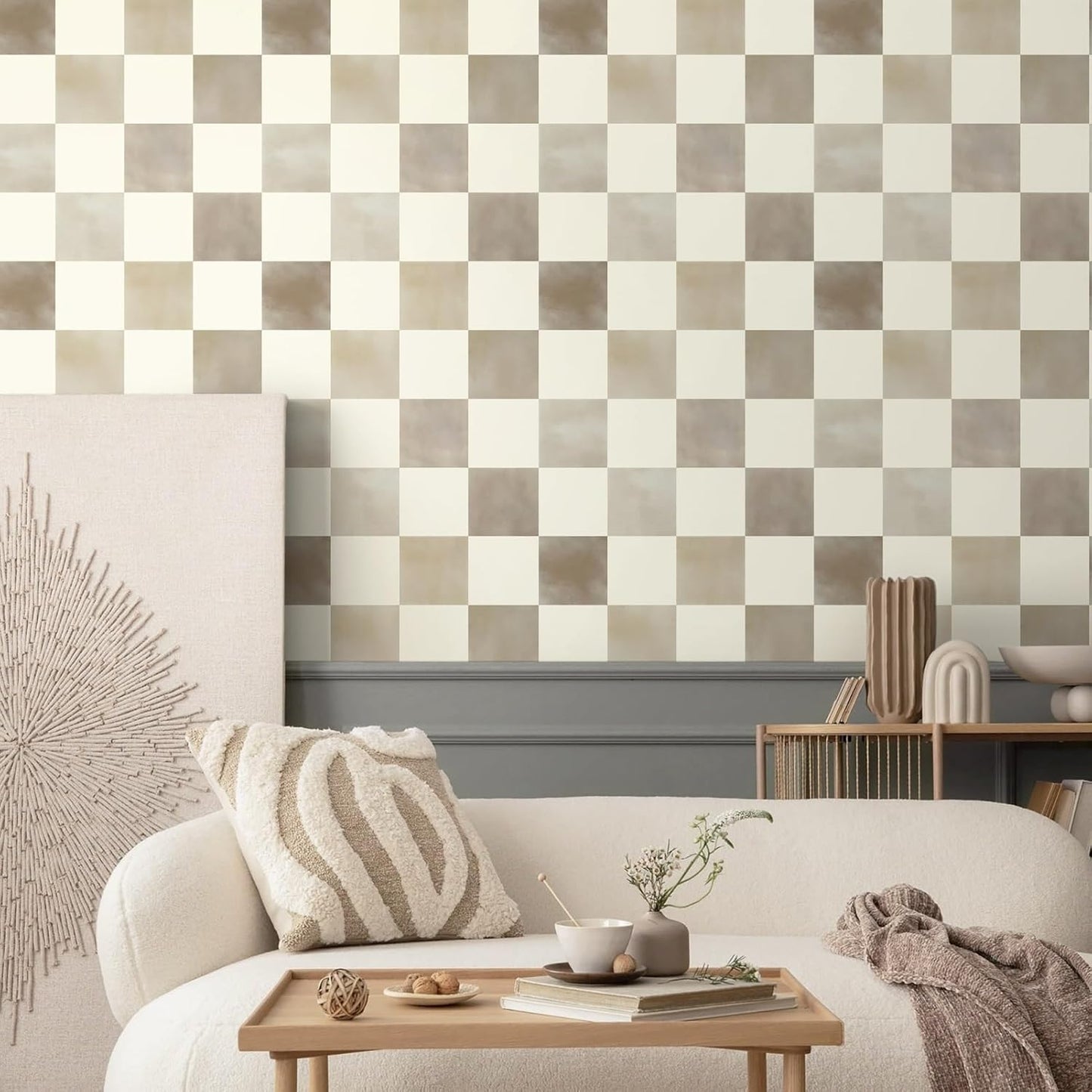 Checkered Wallpaper Peel and Stick Neutral Mosaic Checkered Contact / 17.3 x 236 / Brown and Beige