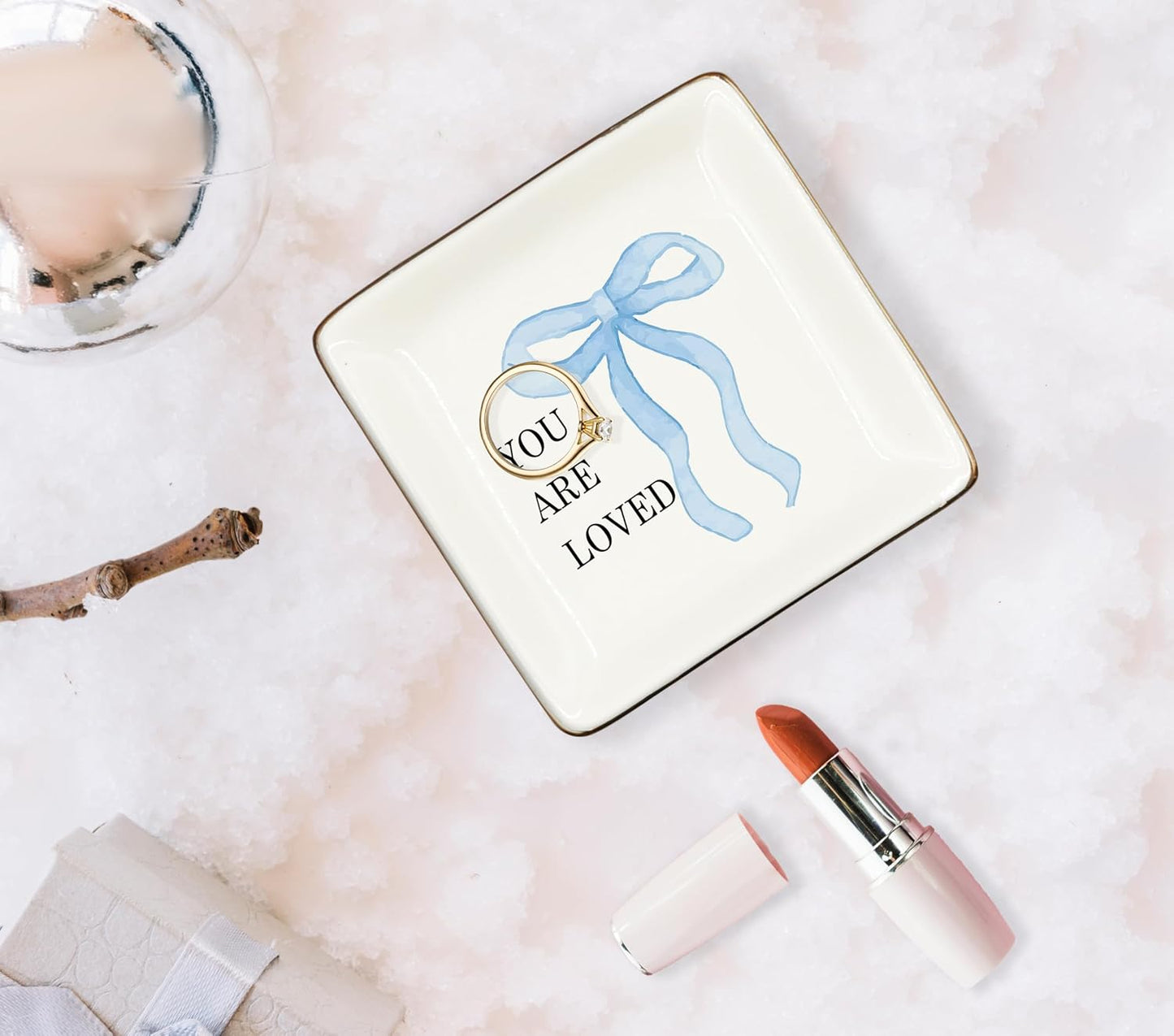 Coquette Blue Bow You Are Loved Ceramic Jewelry Tray Dish / Blue 2