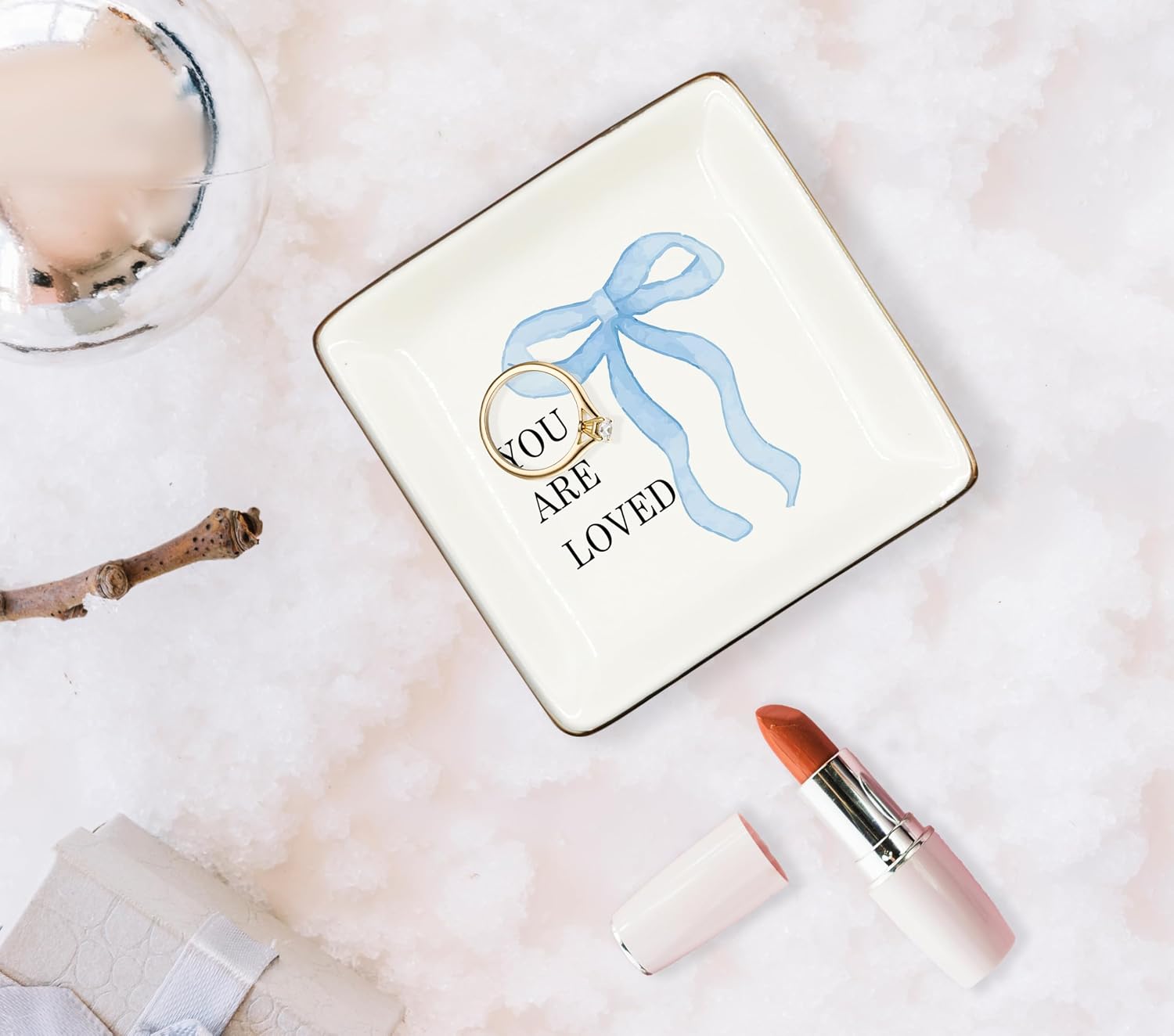 Coquette Blue Bow You Are Loved Ceramic Jewelry Tray Dish / Blue 2