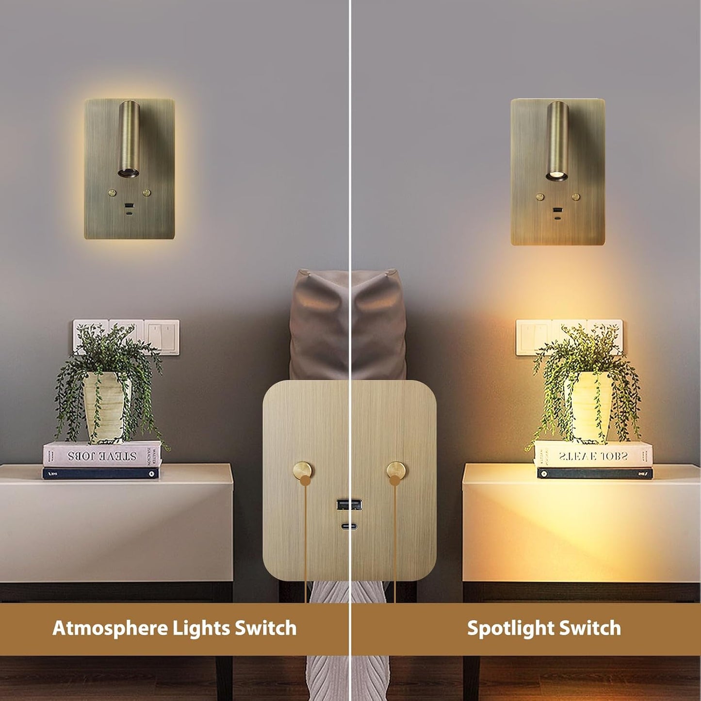 ZEROUNO Wall Mounted Reading Light Set of 2,Dimmable Adjustable Headboard Plug in Wall Sconce with USB A+C Ports,Touch