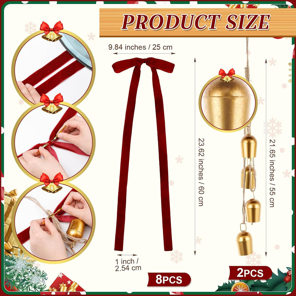 Suncalla 2 Pcs Christmas Cow Bells with 8 Pcs Burgundy Velvet Christmas Bows Vintage Rustic Gold Bell with Velvet