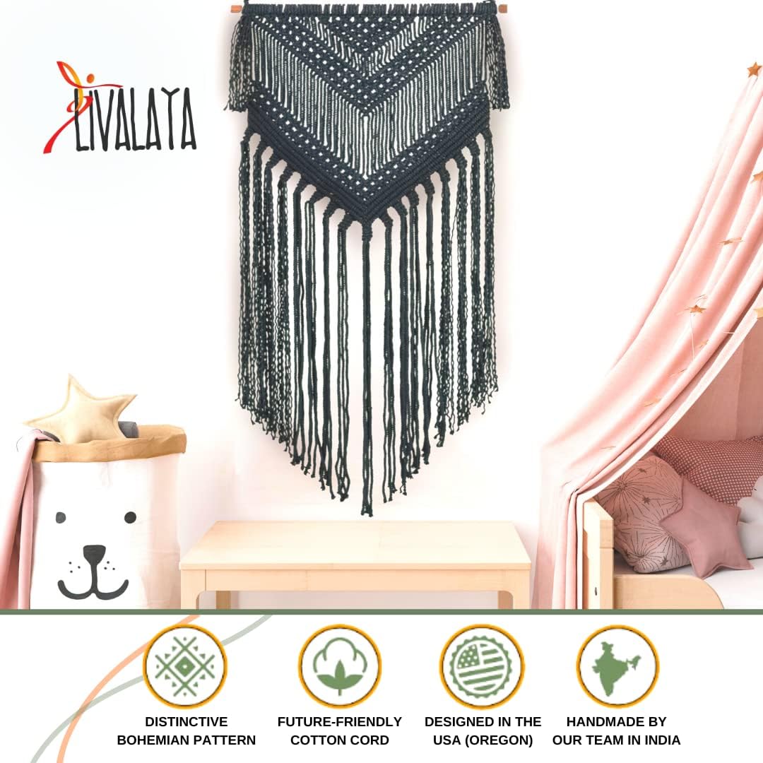 Boho Macrame Woven Wall Hanging / Black / 16 x 36